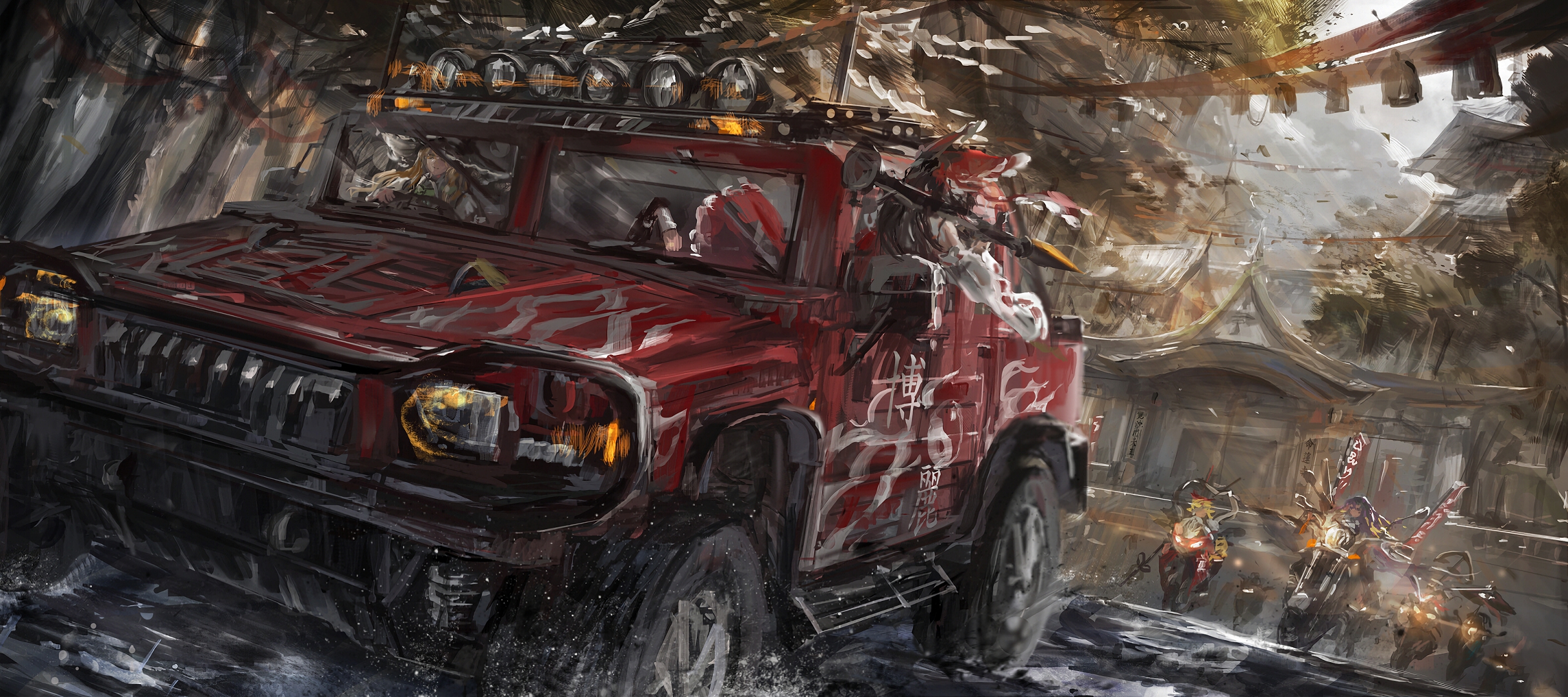 Byakuren Hijiri driving a red jeep with riders on motorcycles HD Wallpaper