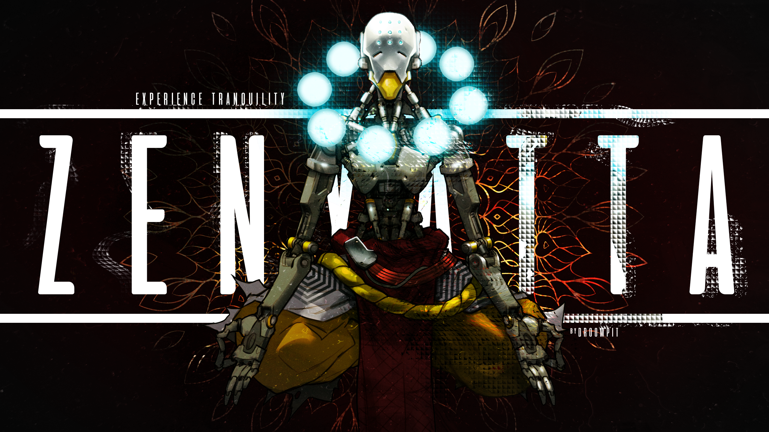 Zenyatta from Overwatch with "EXPERIENCE TRANQUILITY" text HD Wallpaper