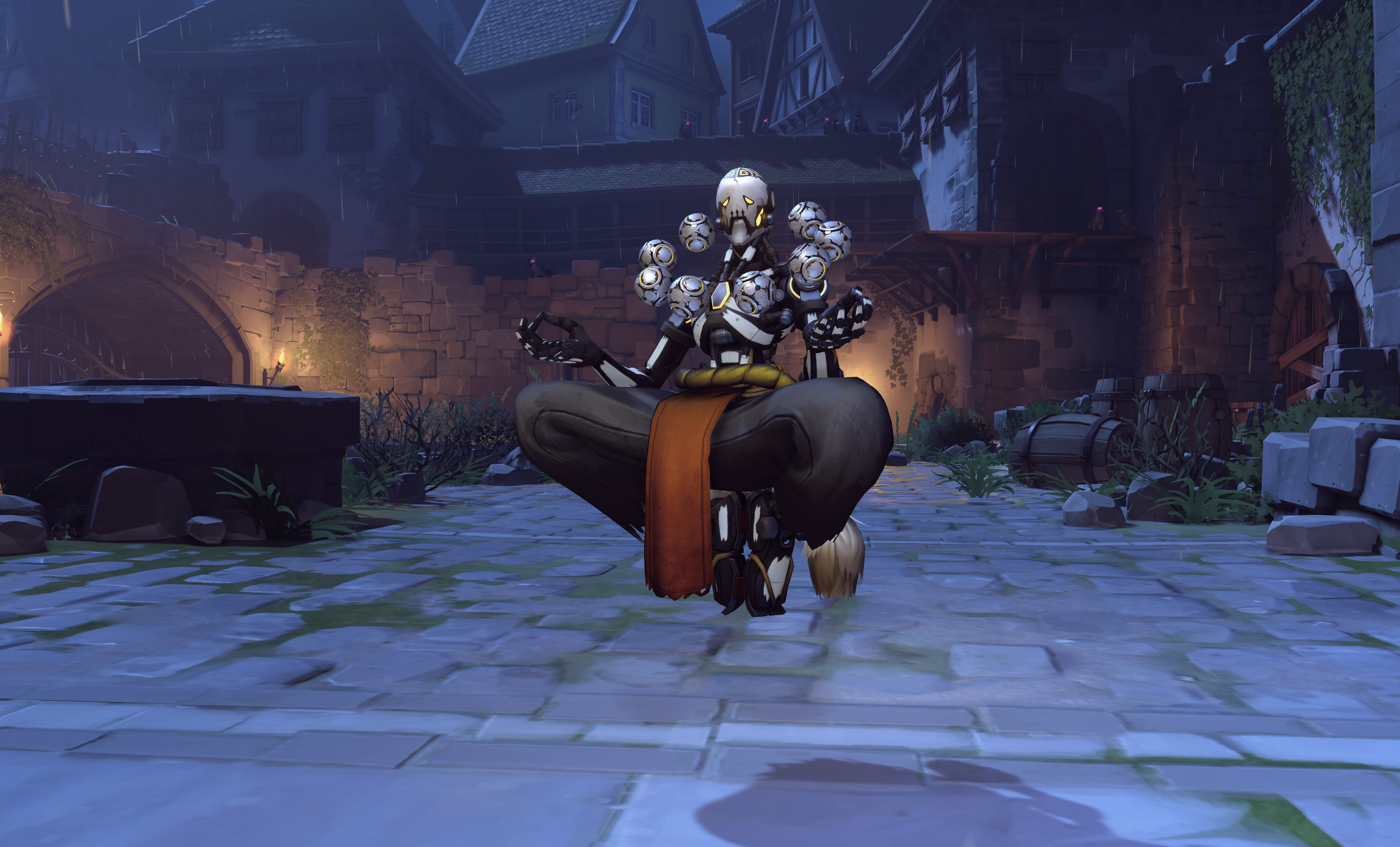 Zenyatta from Overwatch meditating in a village HD Wallpaper