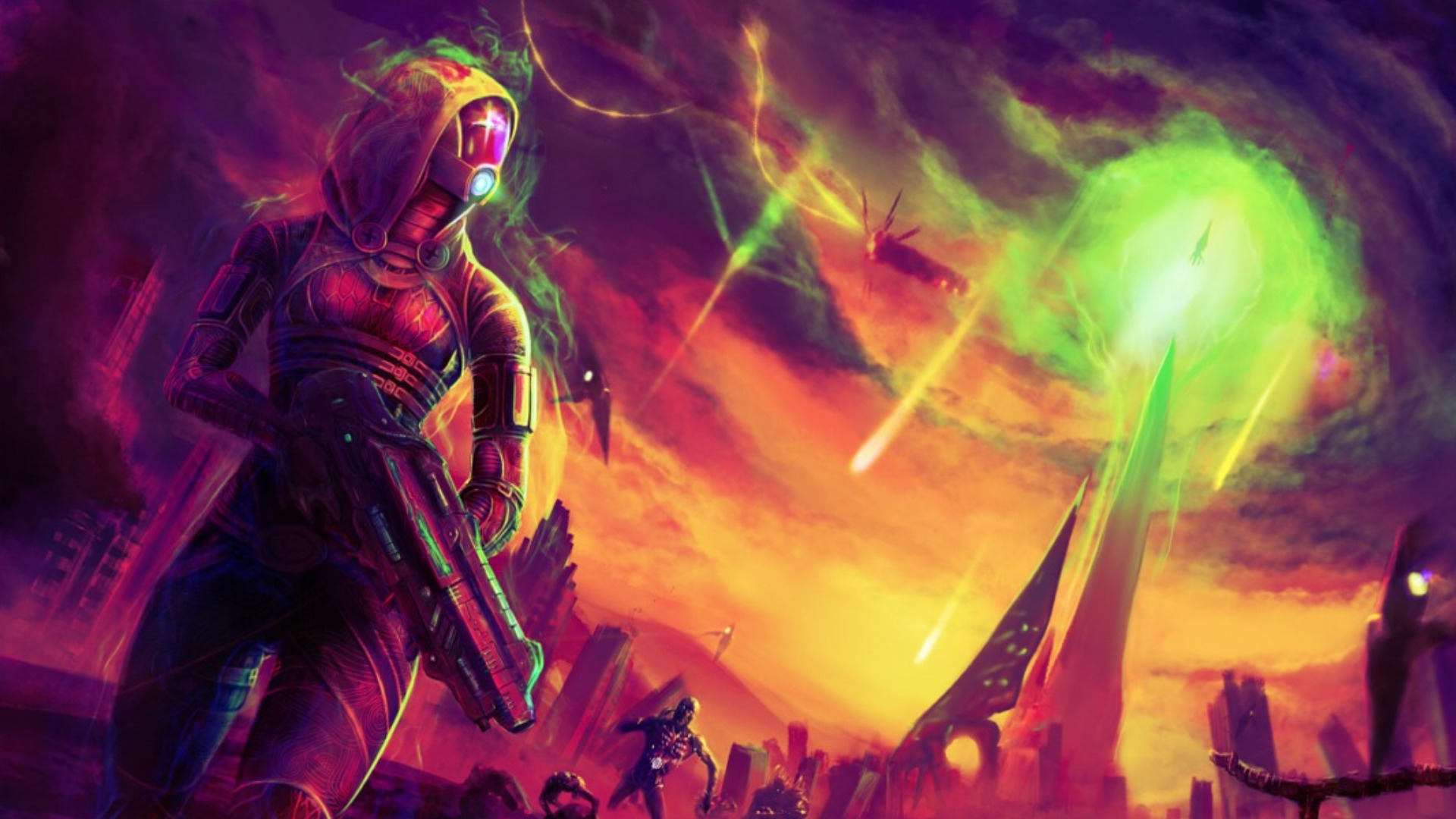 Tali Zorah from Mass Effect in a fiery landscape HD Wallpaper
