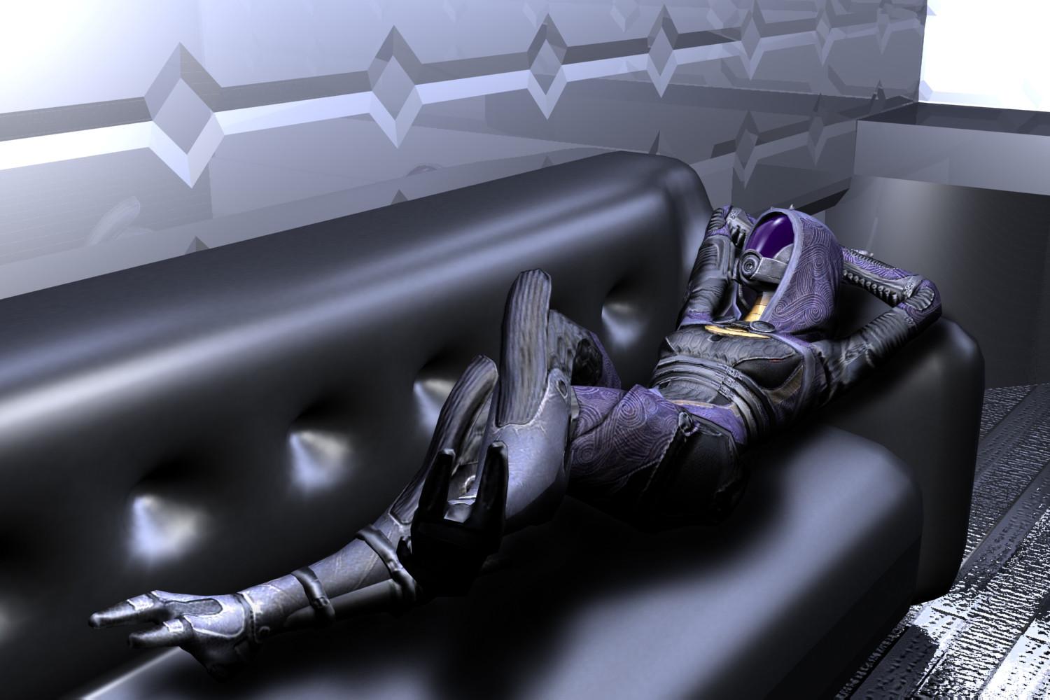 Tali Zorah from Mass Effect relaxing on a couch HD Wallpaper