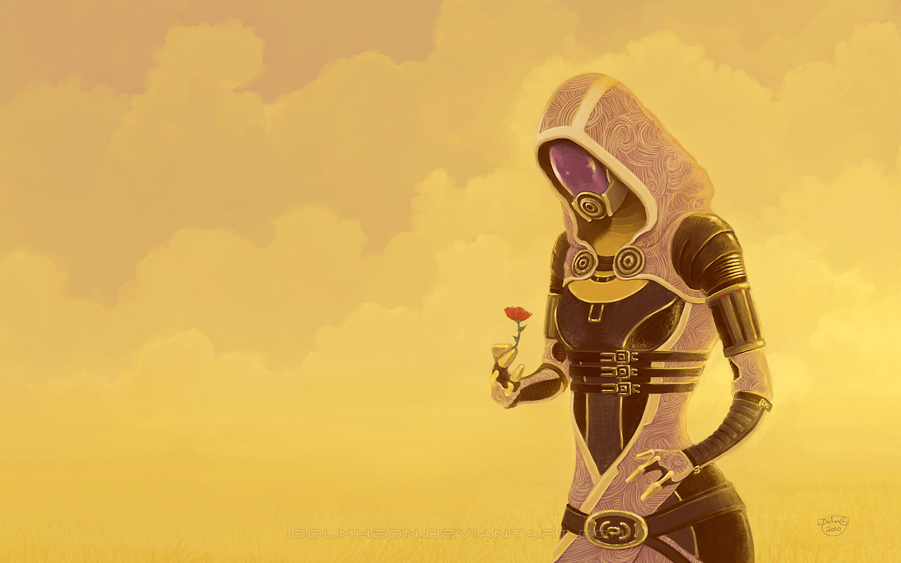 Tali Zorah from Mass Effect holding a red rose HD Wallpaper