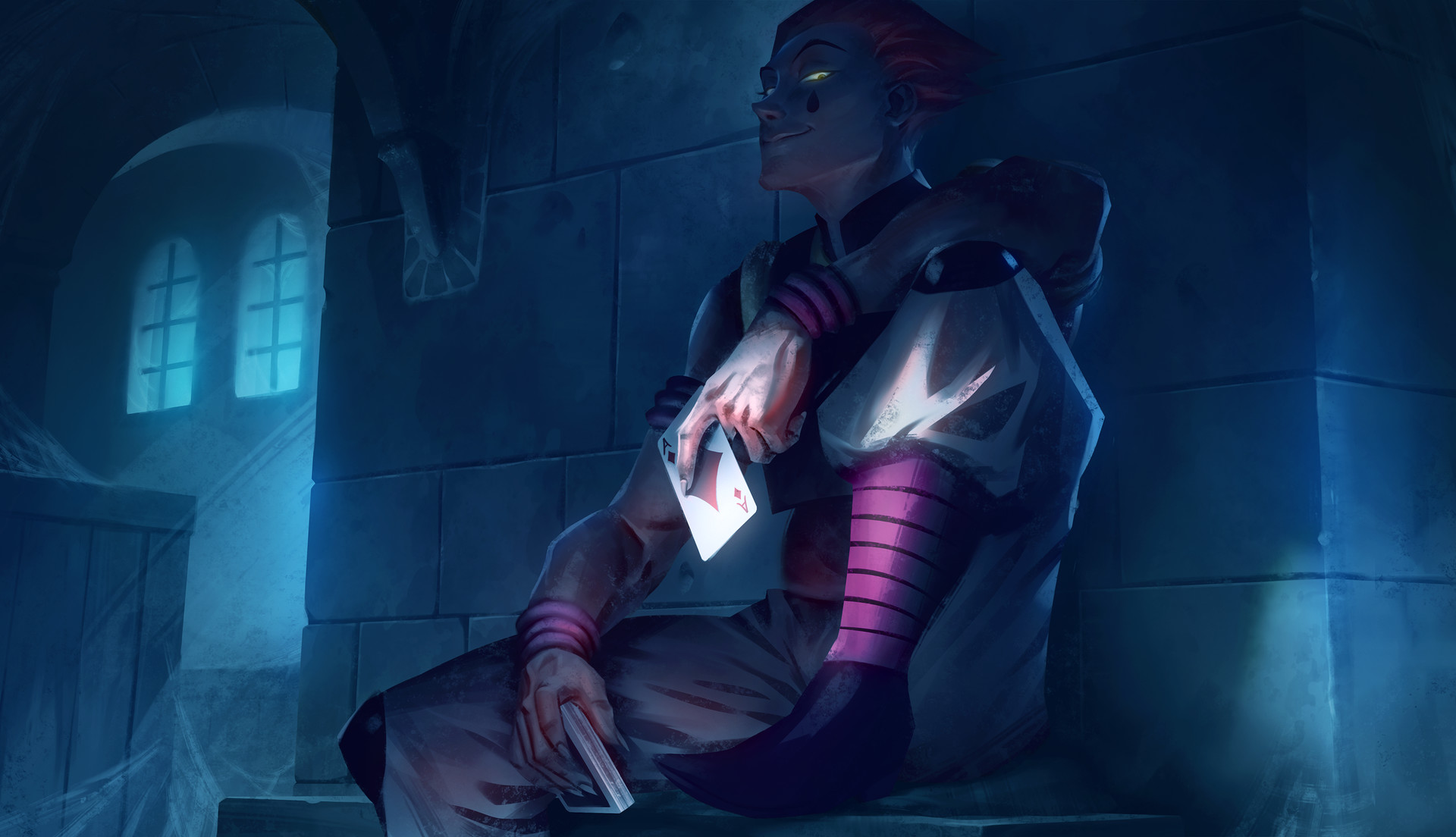 Hisoka Sitting in Dimly Lit Stone Room Holding Cards HD Wallpaper