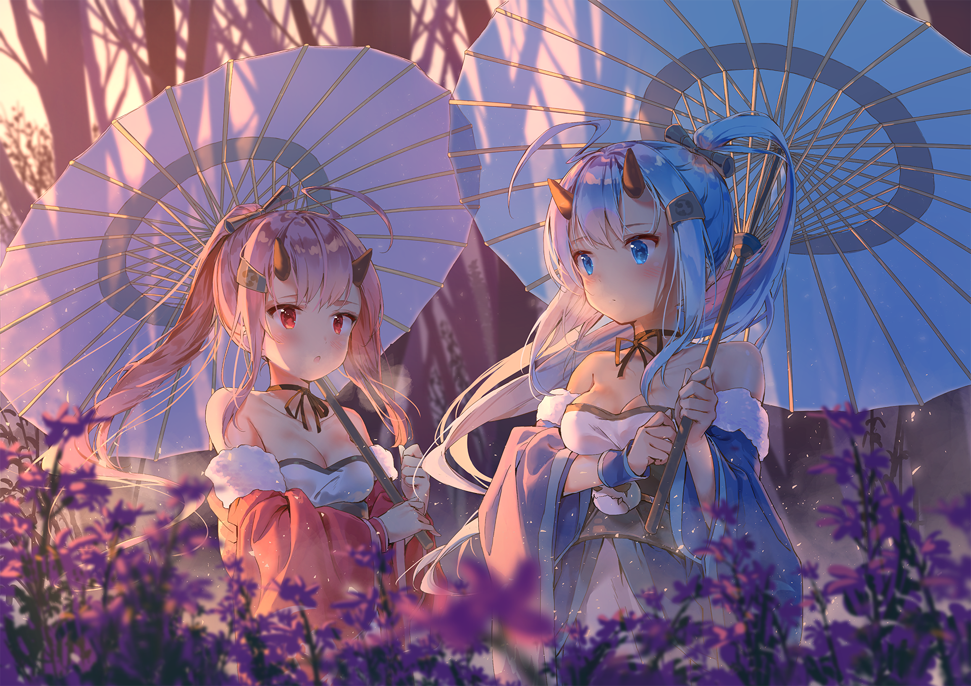 Two anime girls with horns and umbrellas in a forest HD Wallpaper