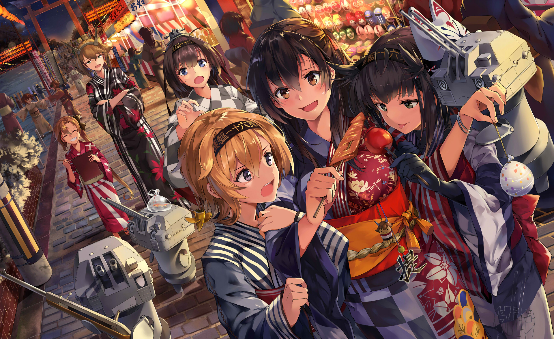 Girls in Yukatas at a Festival from Inazuma (Kancolle) HD Wallpaper