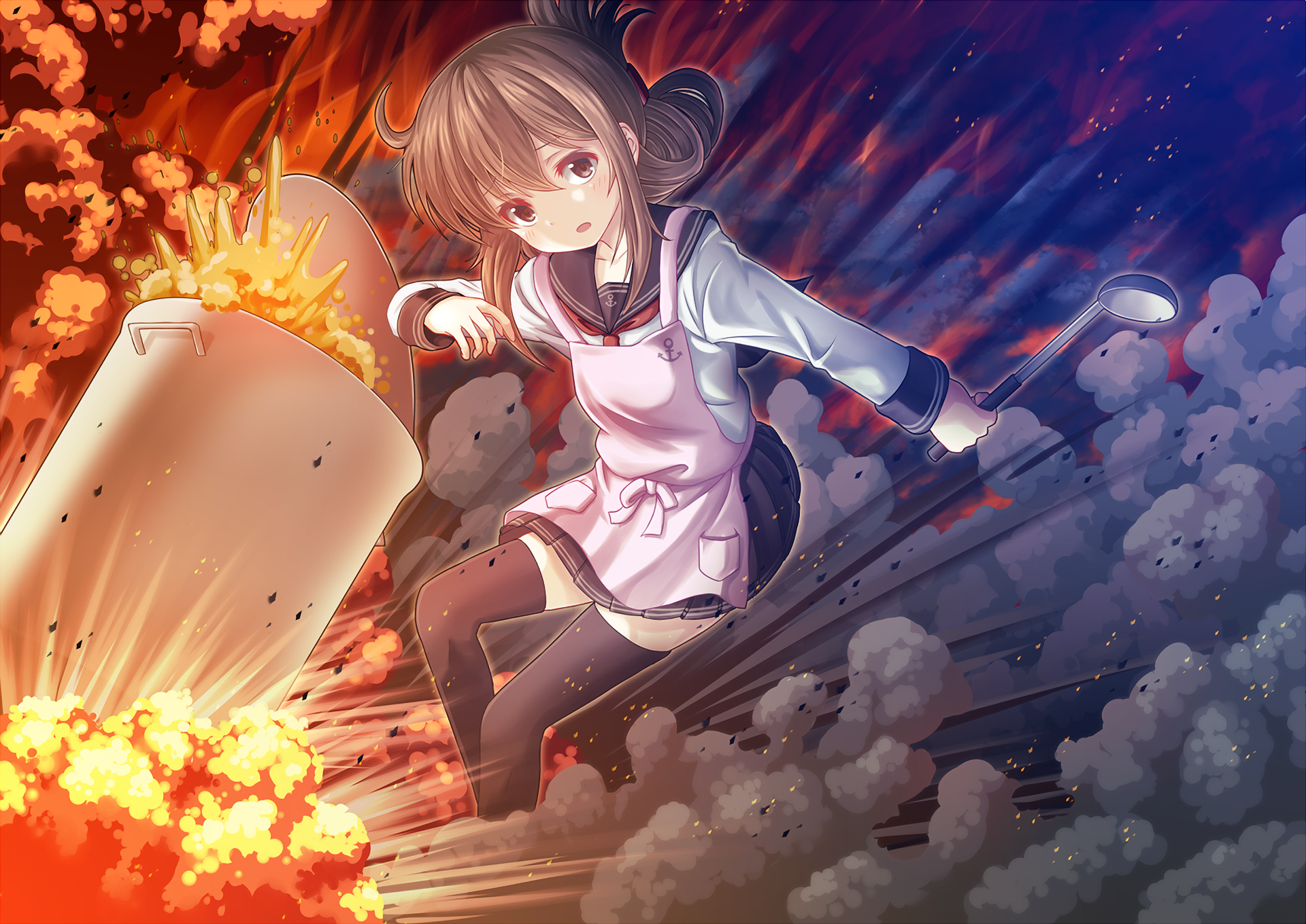 Girl with ladle in explosion, Inazuma (Kancolle) HD Wallpaper
