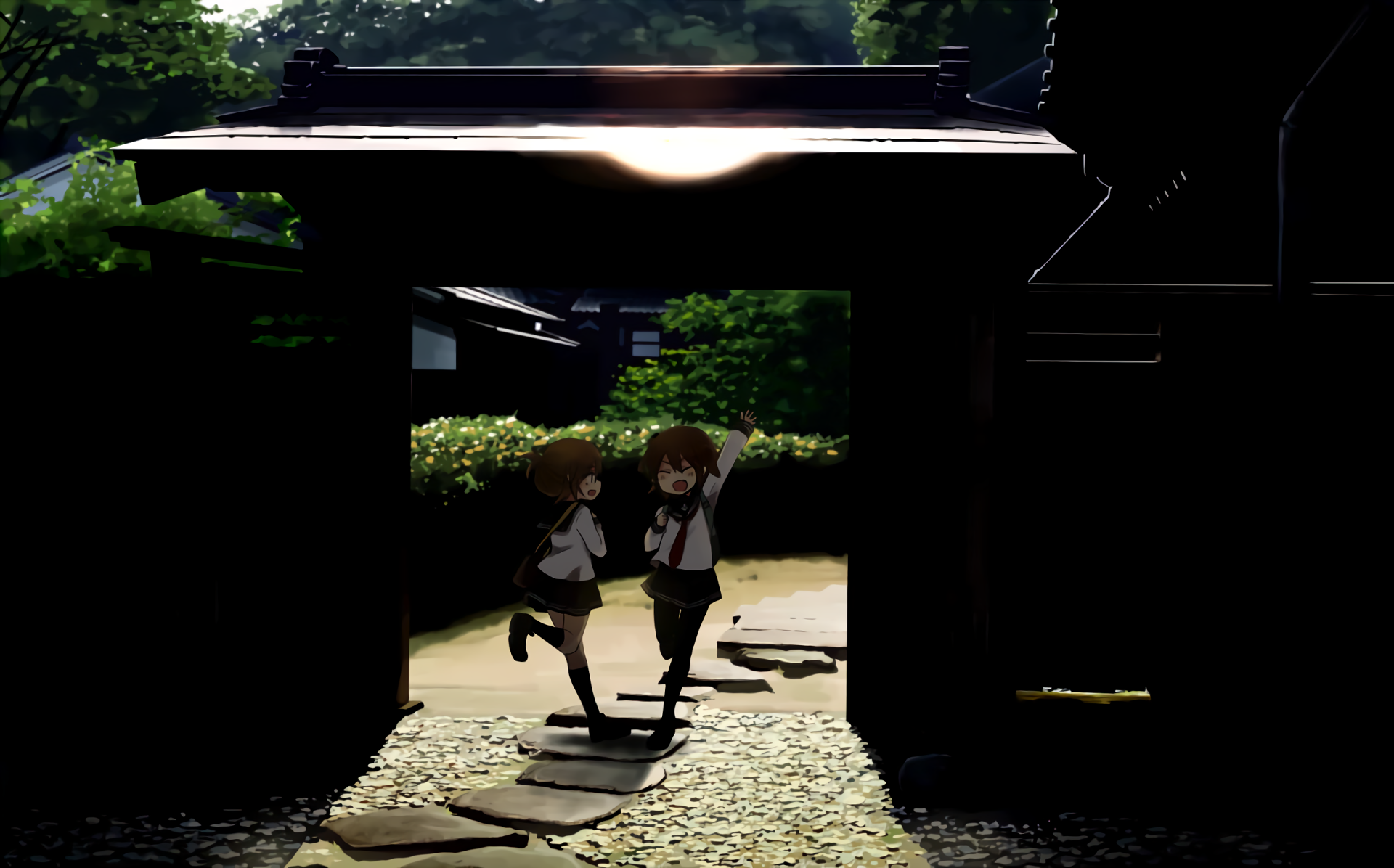 Two schoolgirls in a Japanese garden HD Wallpaper