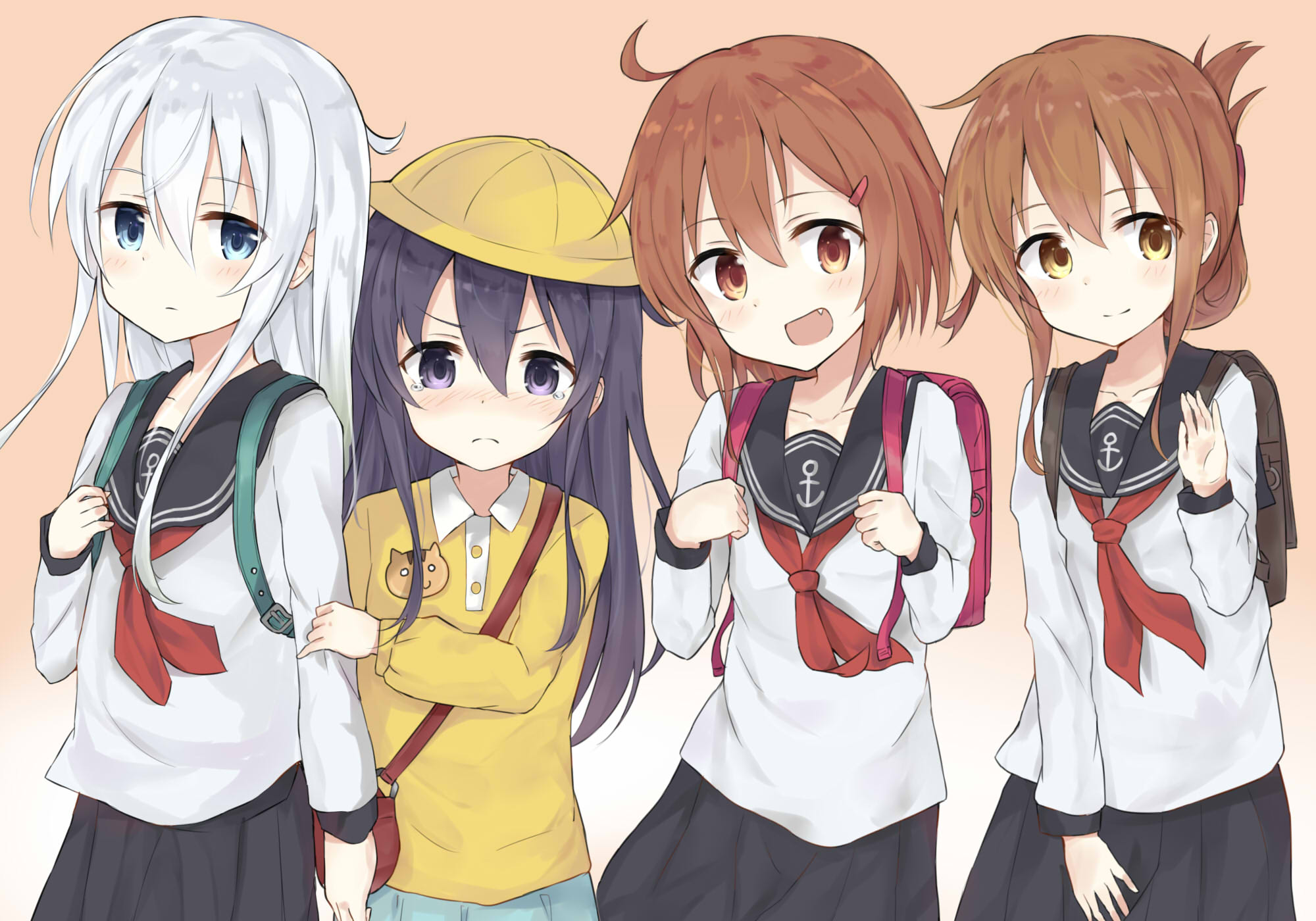 Four anime girls in school uniforms HD Wallpaper