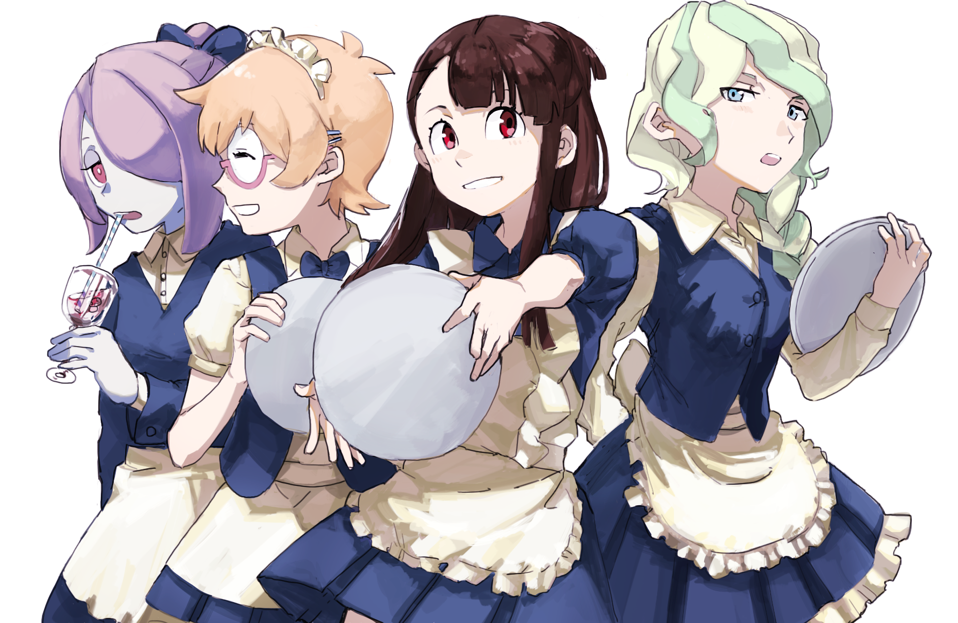 Four girls in maid outfits from Little Witch Academia HD Wallpaper