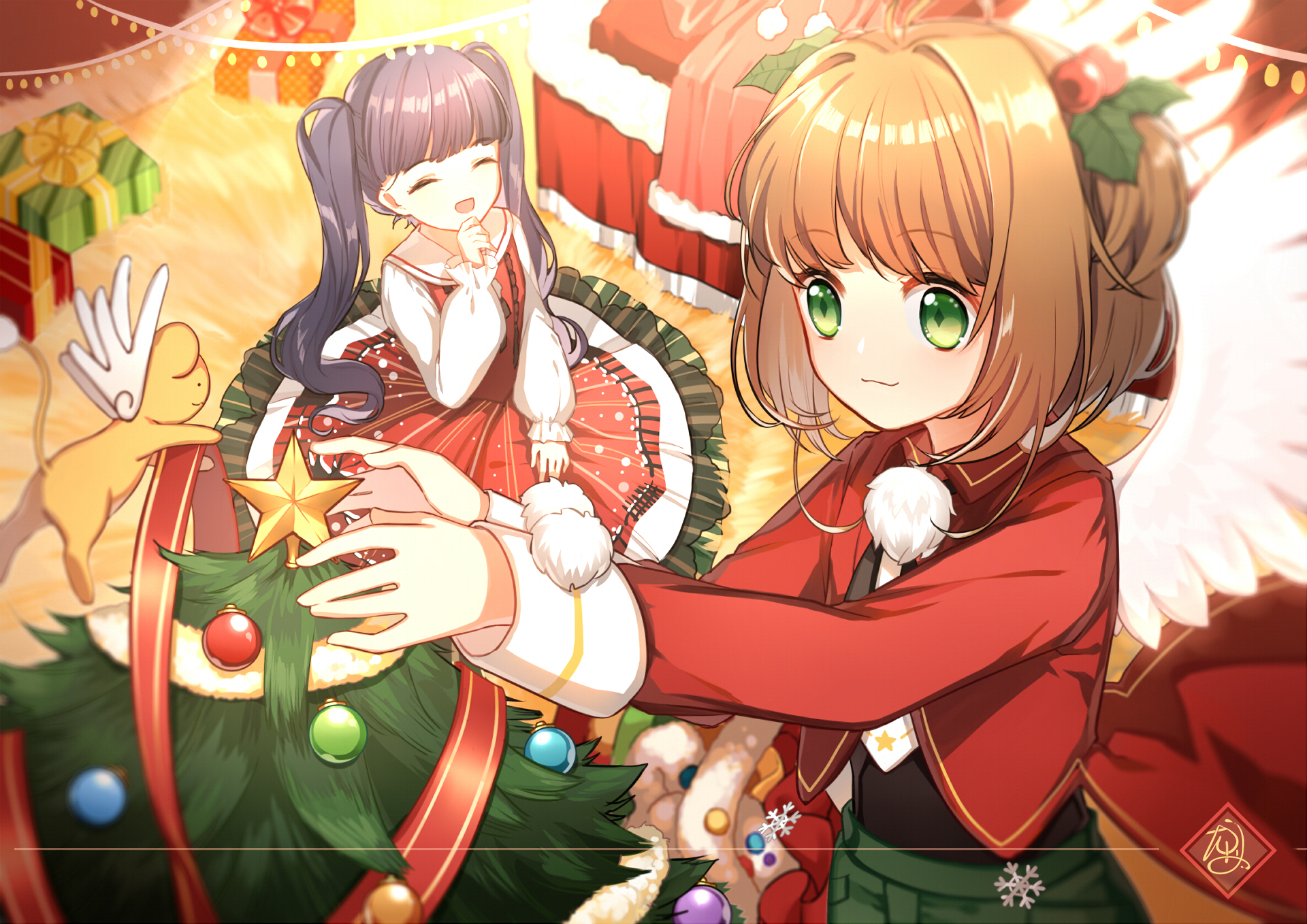 Tomoyo Daidouji and Sakura Kinomoto decorating a Christmas tree HD Wallpaper