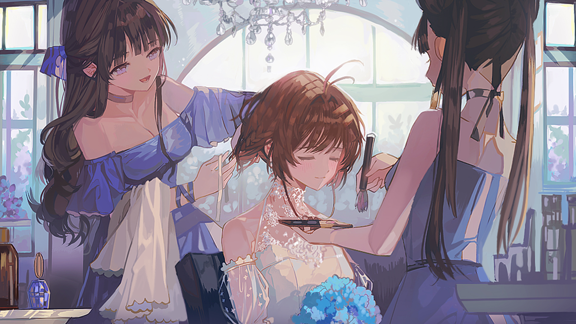 Three girls getting ready, one in a wedding dress HD Wallpaper