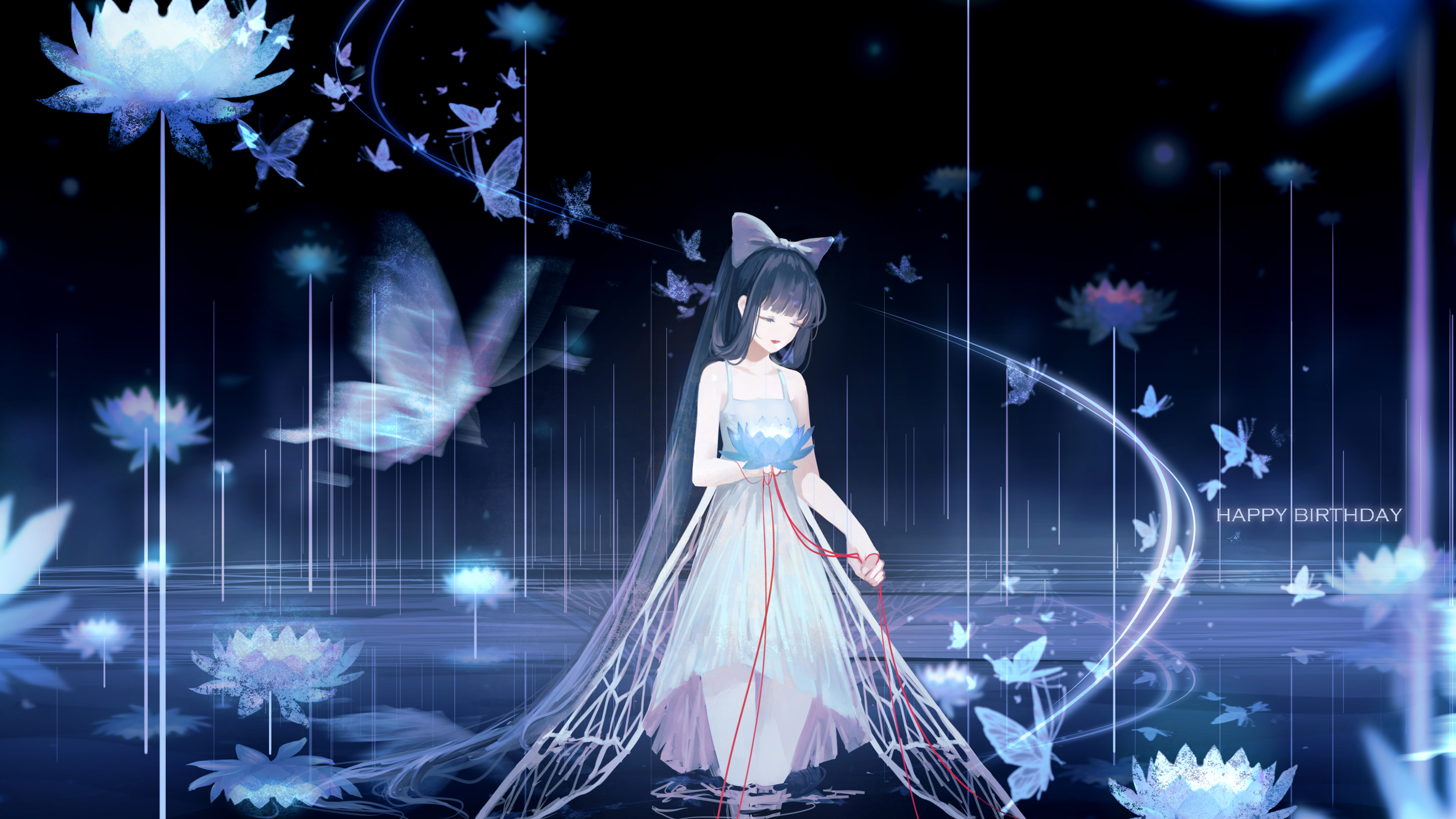 Girl with lotuses and butterflies HD Wallpaper