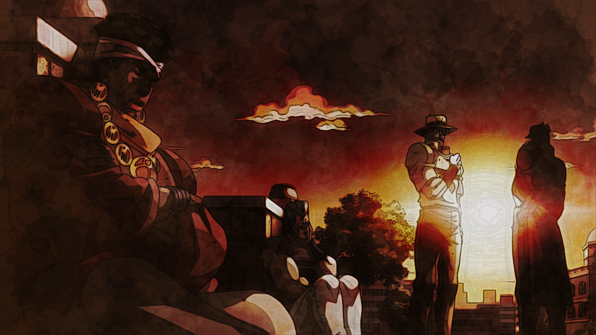 Joseph Joestar and companions at sunset HD Wallpaper