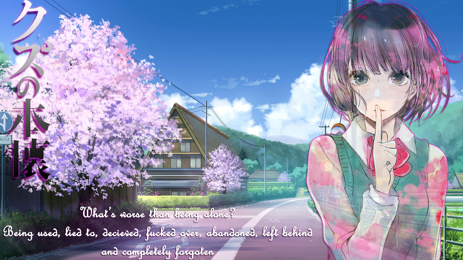 Girl with Cherry Blossoms and Japanese Text HD Wallpaper