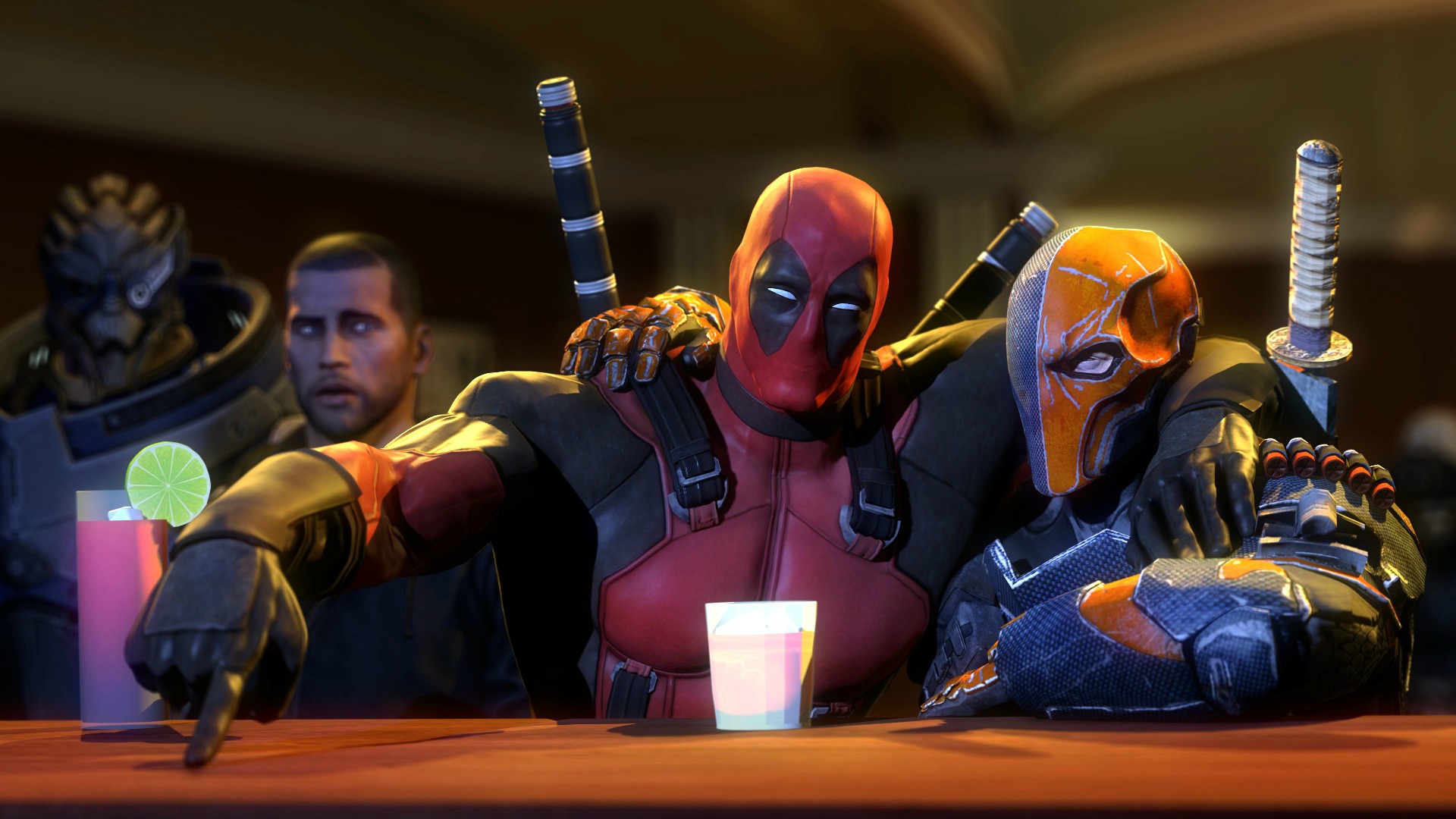 Deadpool and Deathstroke at a Bar HD Wallpaper