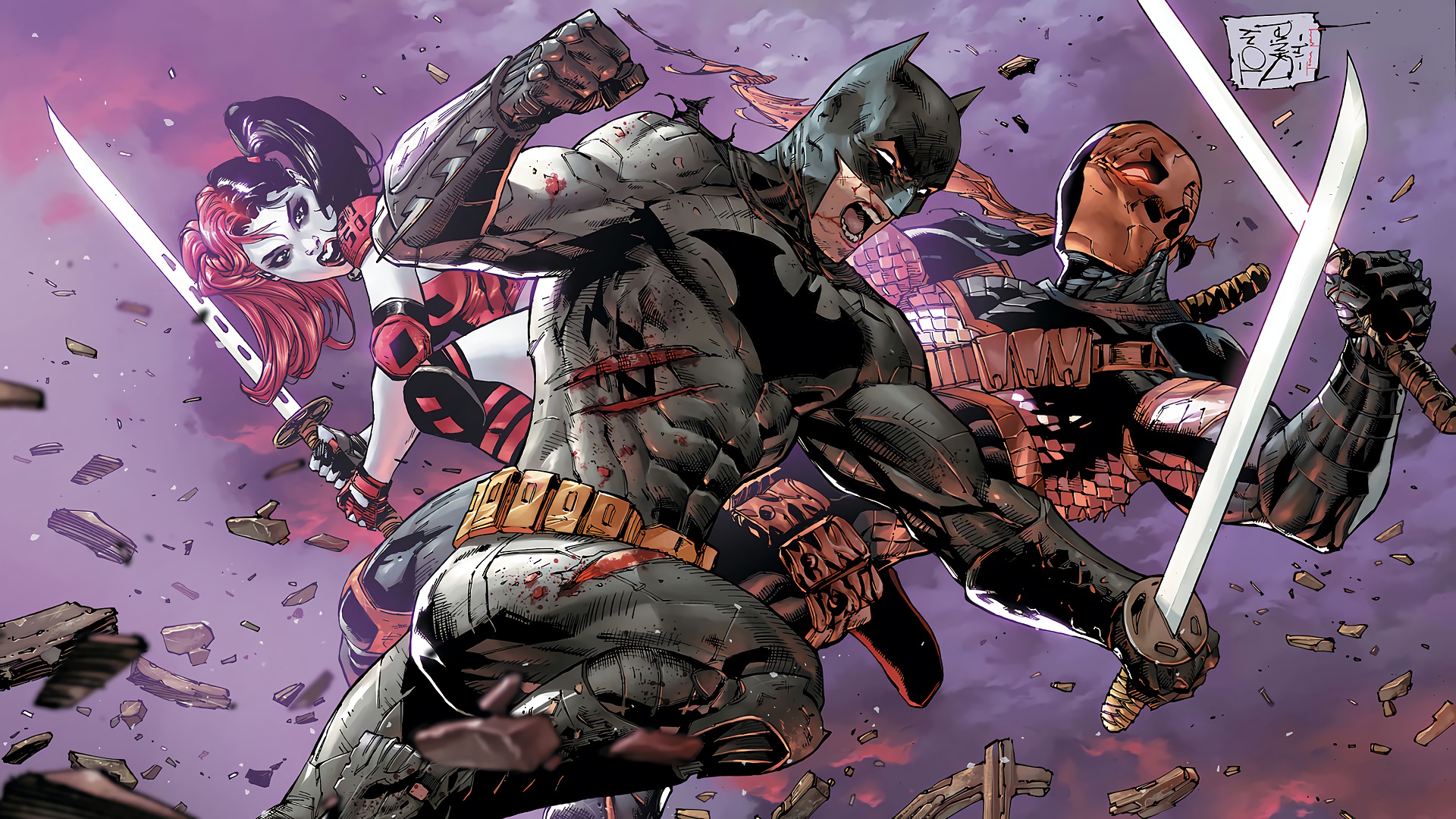 Batman, Harley Quinn, and Deathstroke fighting with swords HD Wallpaper