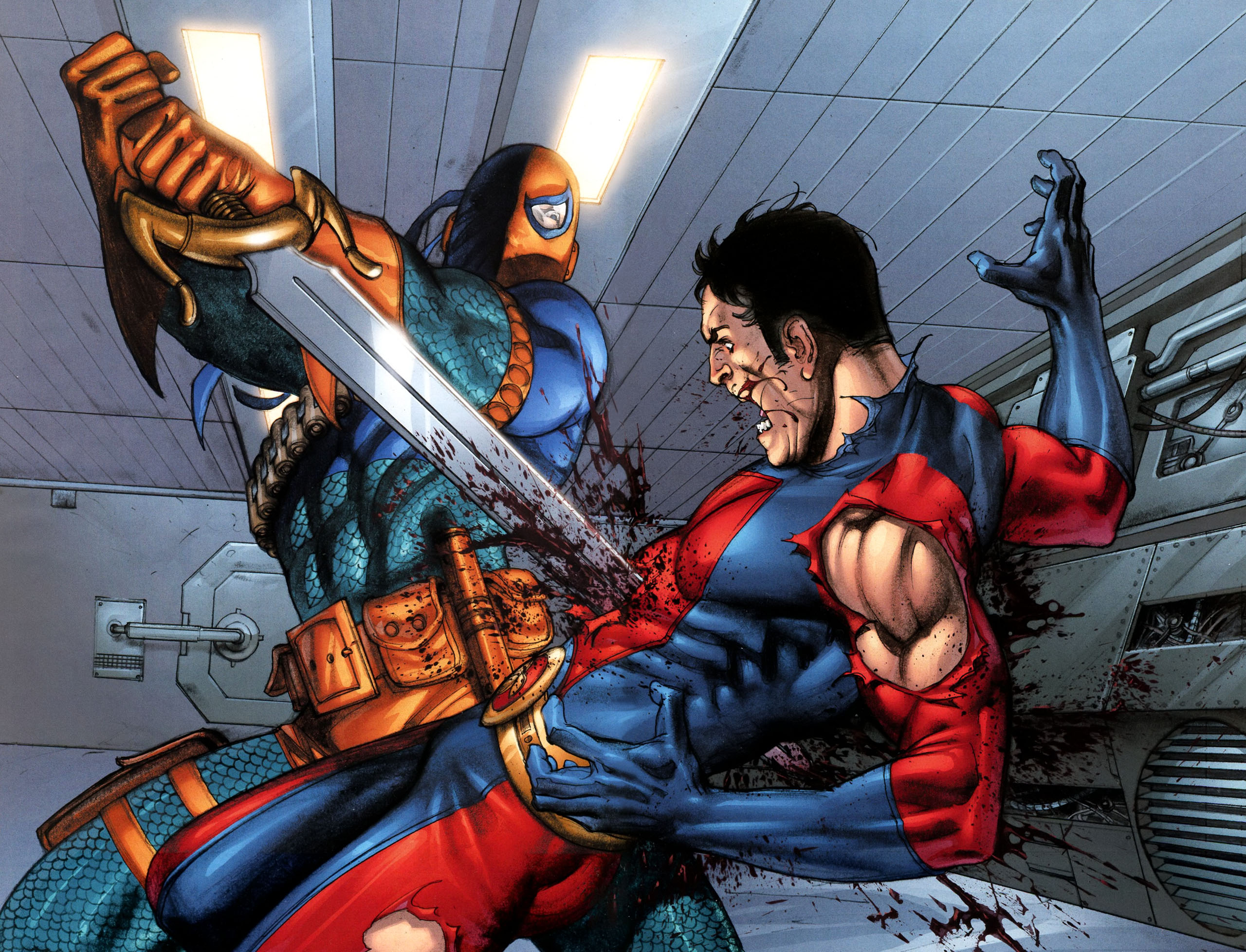 Deathstroke stabbing a man with a sword HD Wallpaper