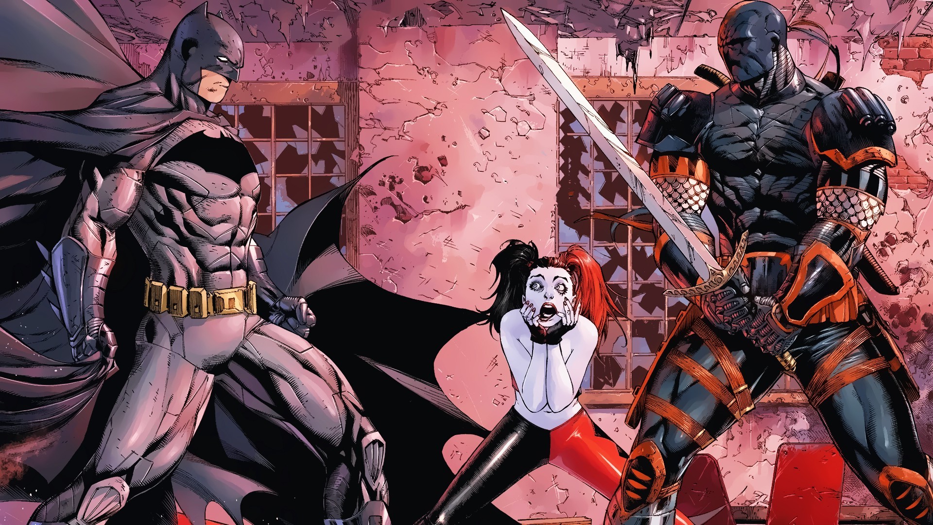 Batman, Harley Quinn, and Deathstroke in a ruined building HD Wallpaper