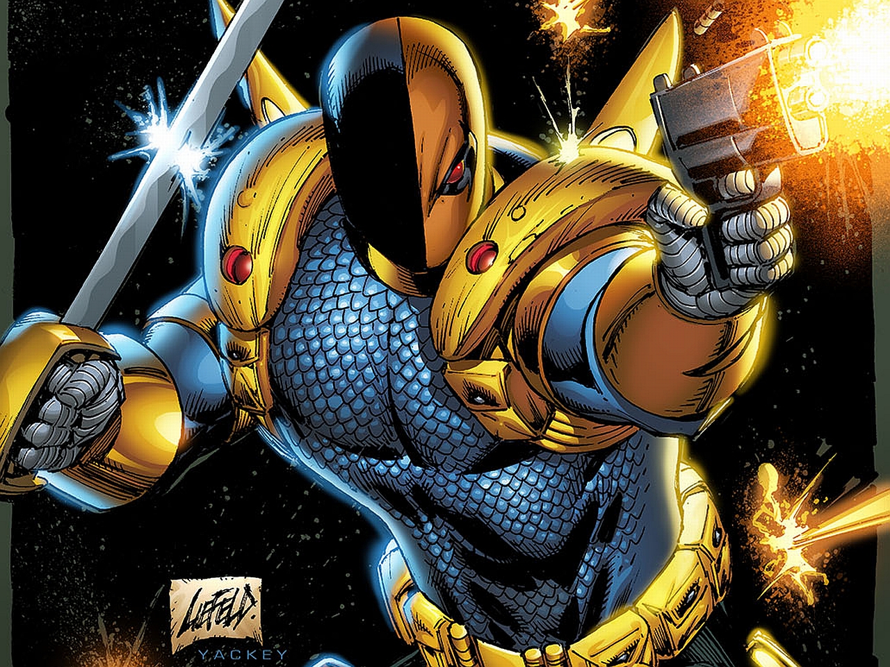 Deathstroke holding a sword and gun HD Wallpaper