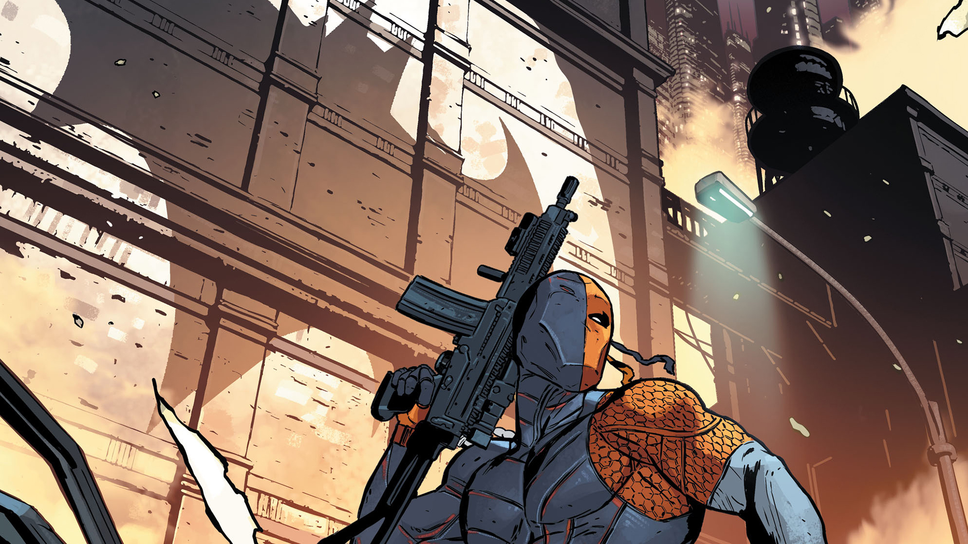 Deathstroke holding a rifle in a city HD Wallpaper
