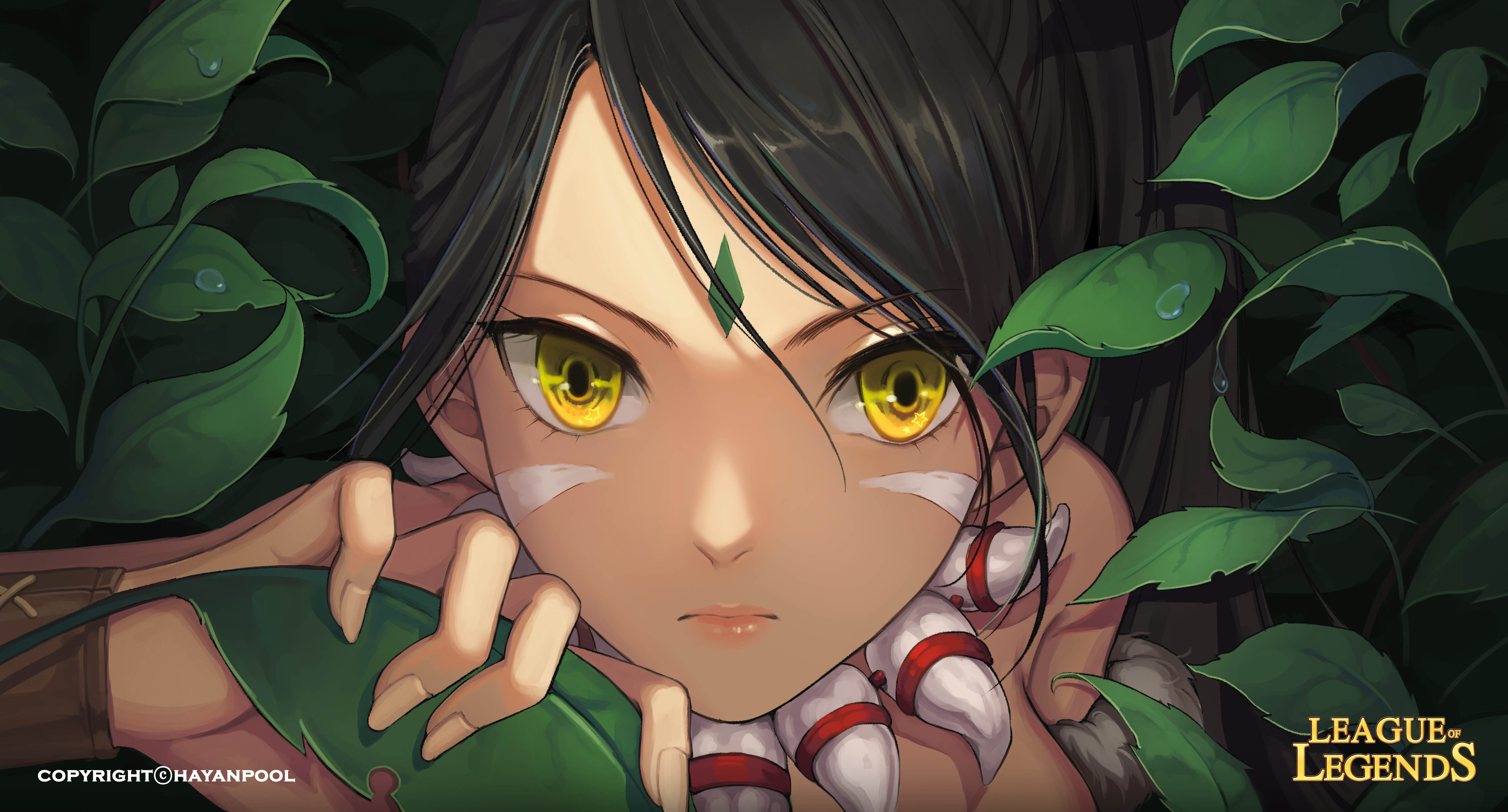 Nidalee from League of Legends peeking through leaves HD Wallpaper