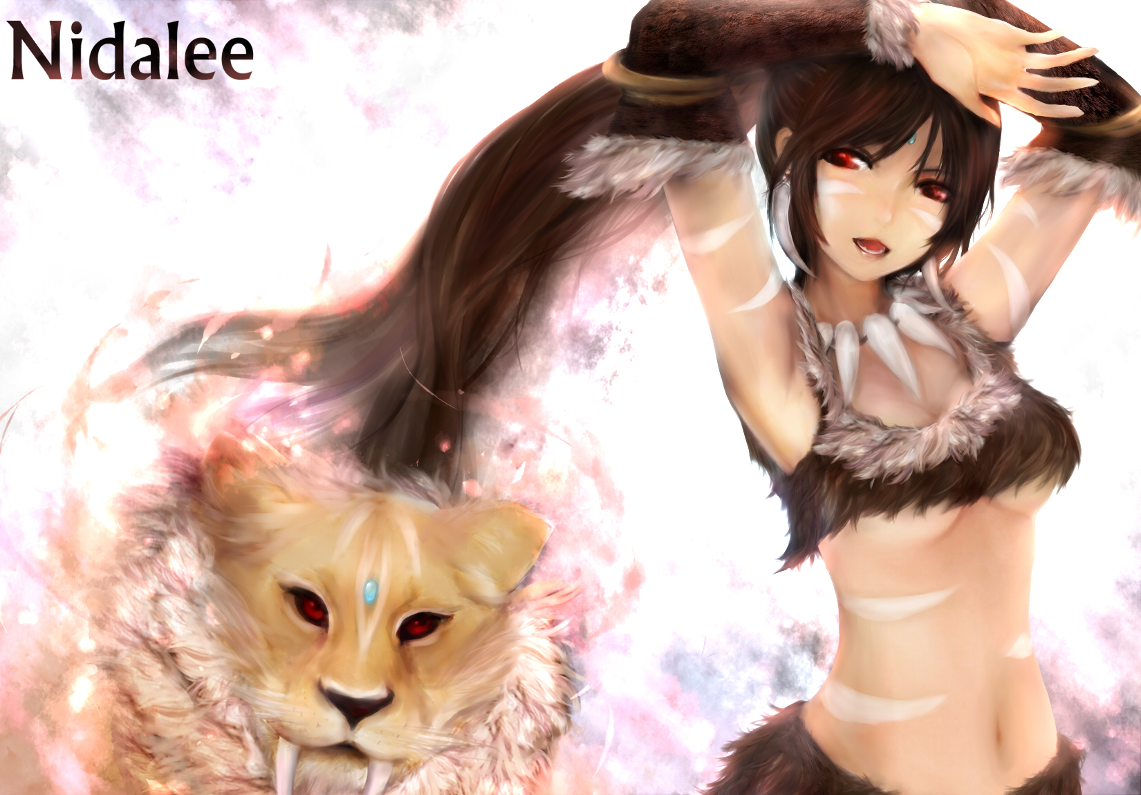 Nidalee from League of Legends with a saber-toothed cat HD Wallpaper