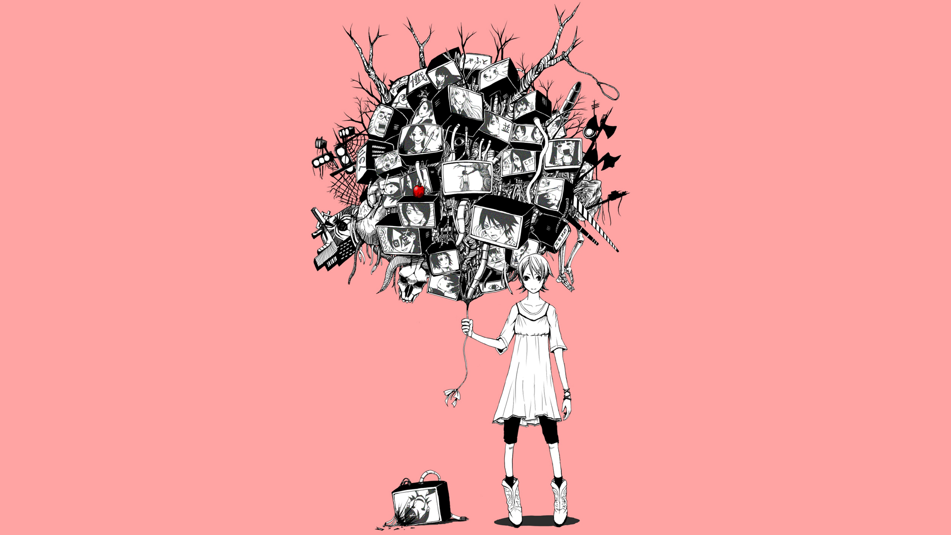 Girl holding a balloon of screens and objects HD Wallpaper