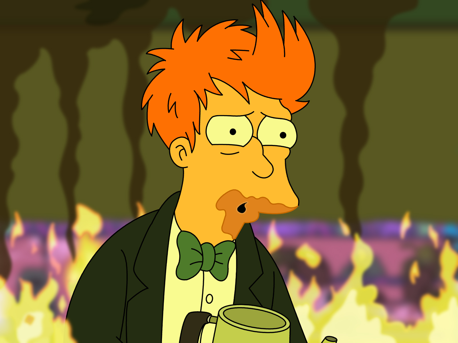 Fry from Futurama in a burning room HD Wallpaper