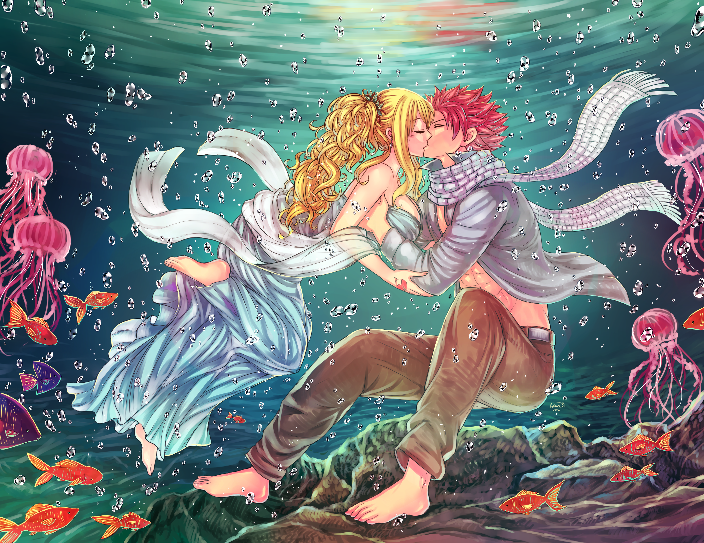 Natsu and Lucy kissing underwater from Fairy Tail HD Wallpaper