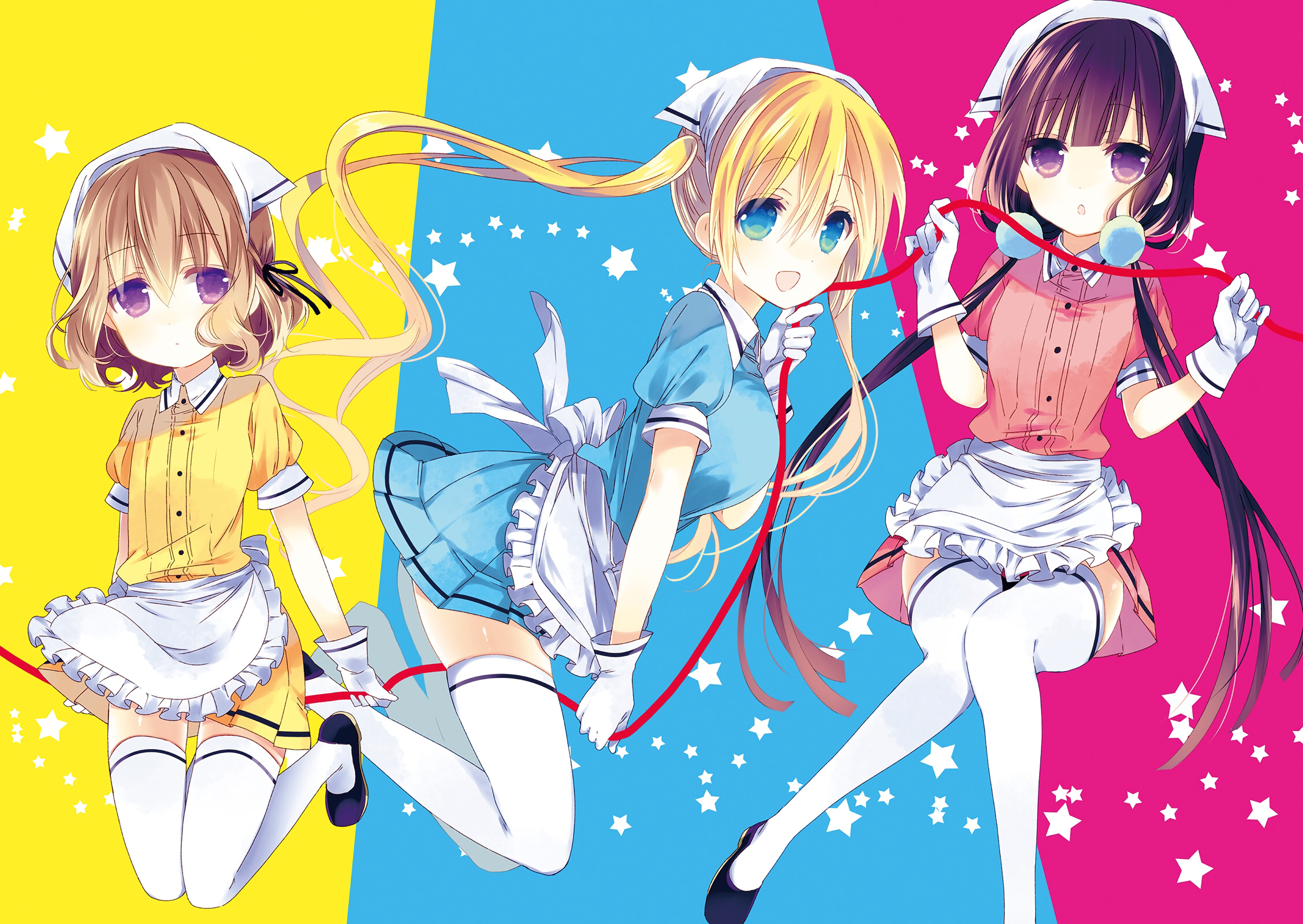 Three anime girls in maid outfits HD Wallpaper