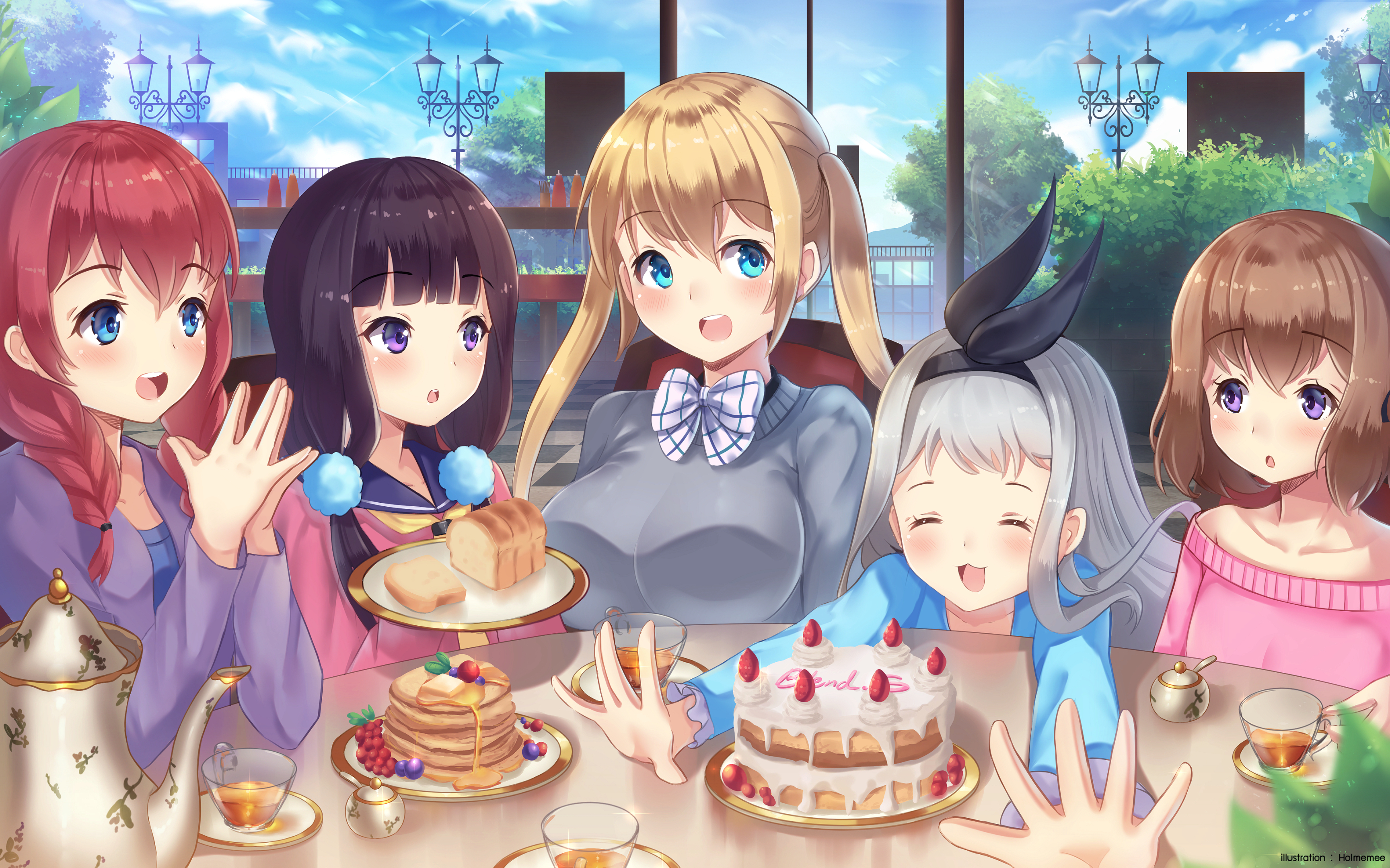 Maika Sakuranomiya and friends enjoying tea and cake HD Wallpaper