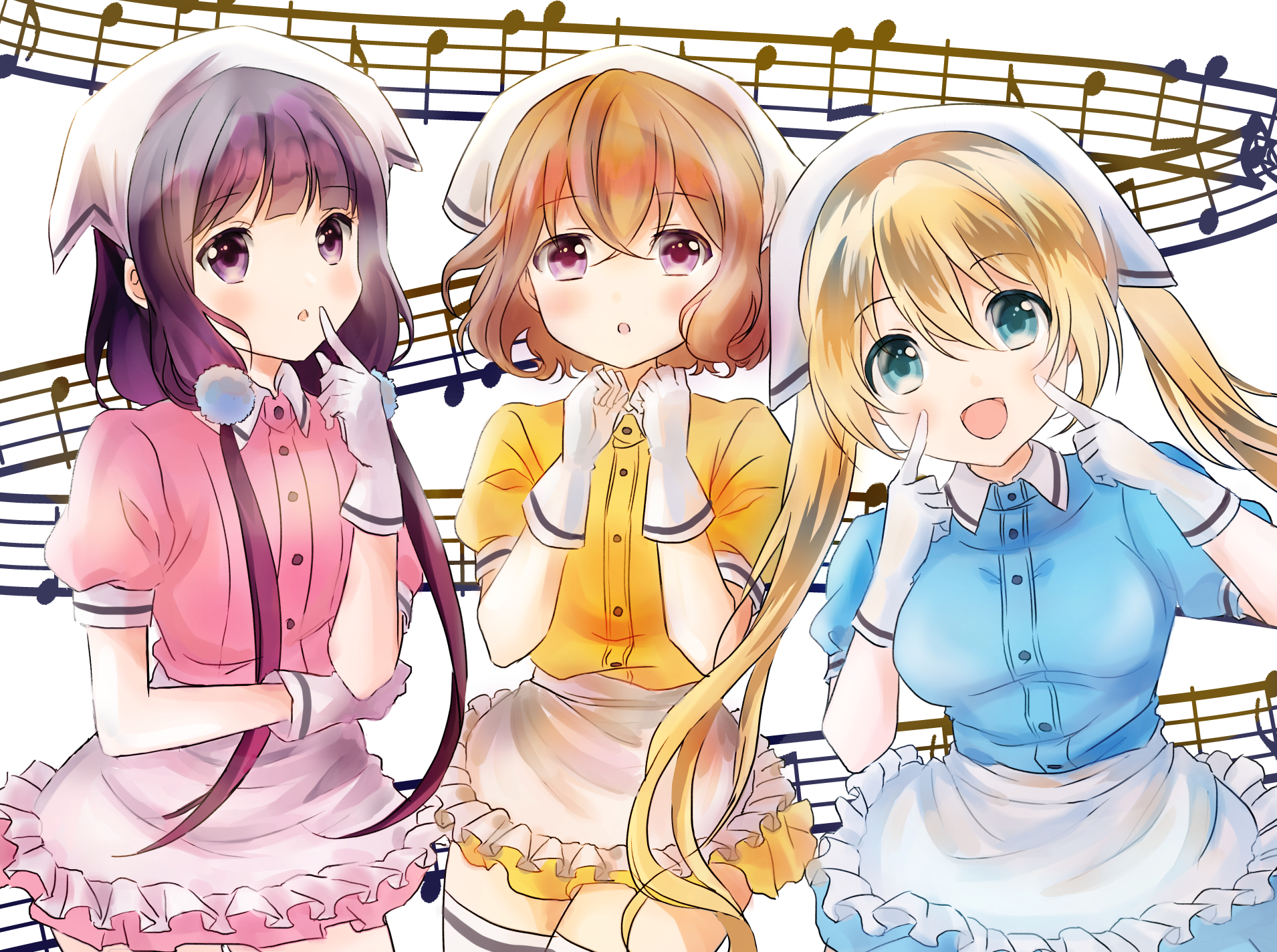 Three maids in front of musical notes HD Wallpaper