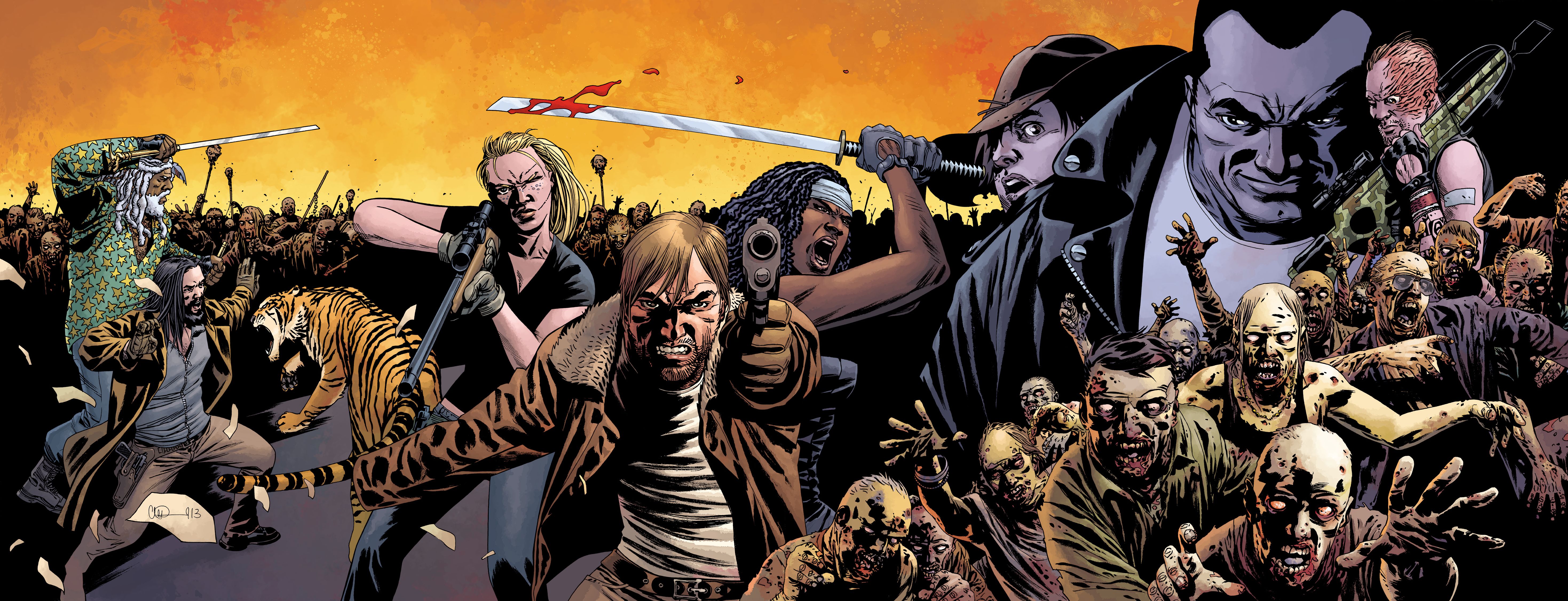 The Walking Dead characters fighting zombies and tigers HD Wallpaper