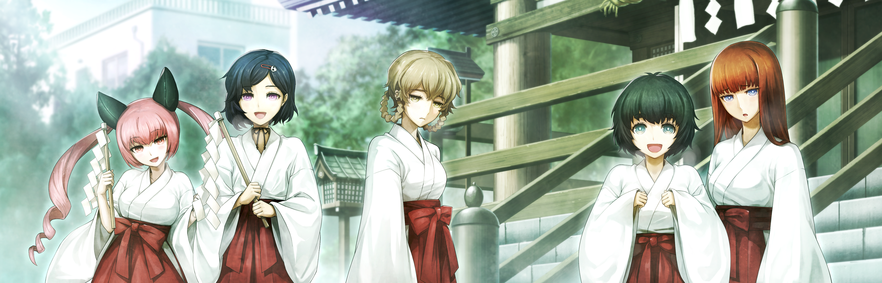 Five shrine maidens in traditional attire HD Wallpaper