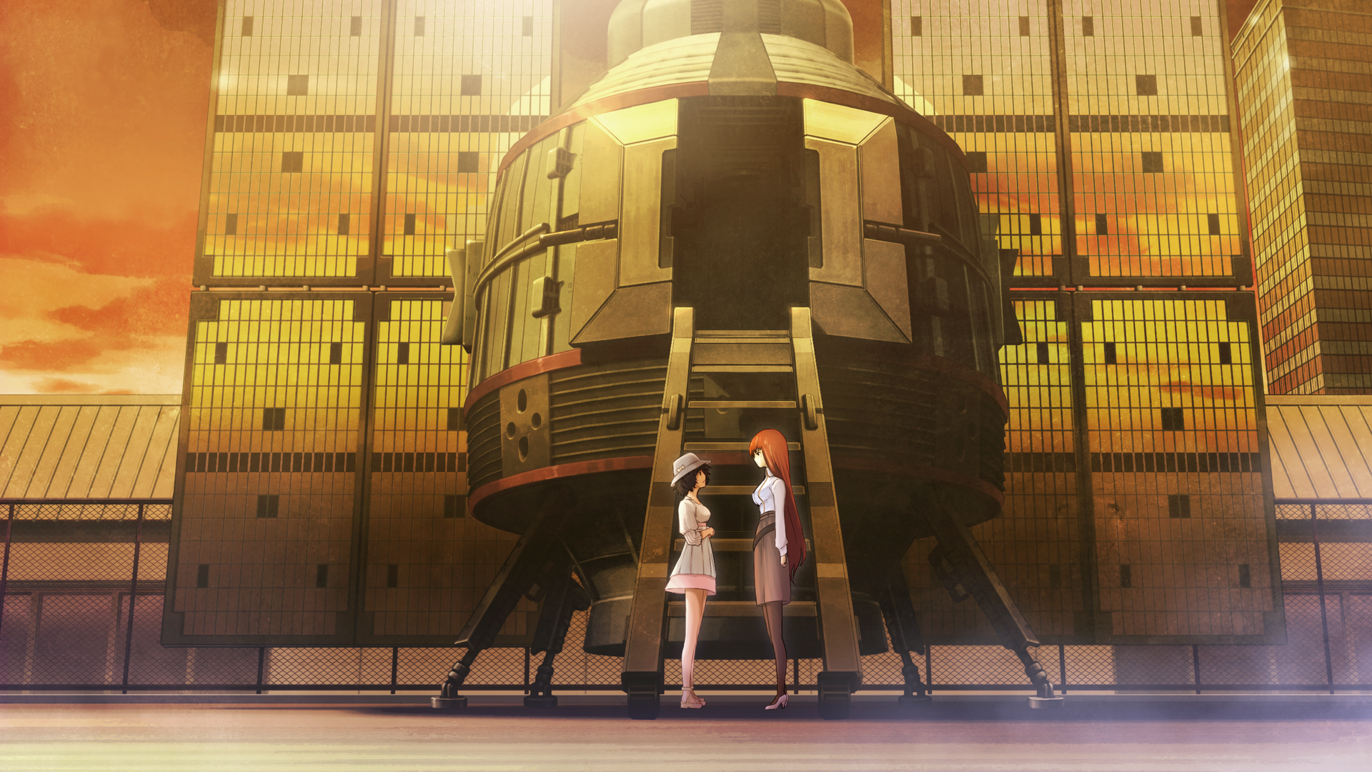 Mayuri Shiina and Kurisu Makise in front of a large structure HD Wallpaper