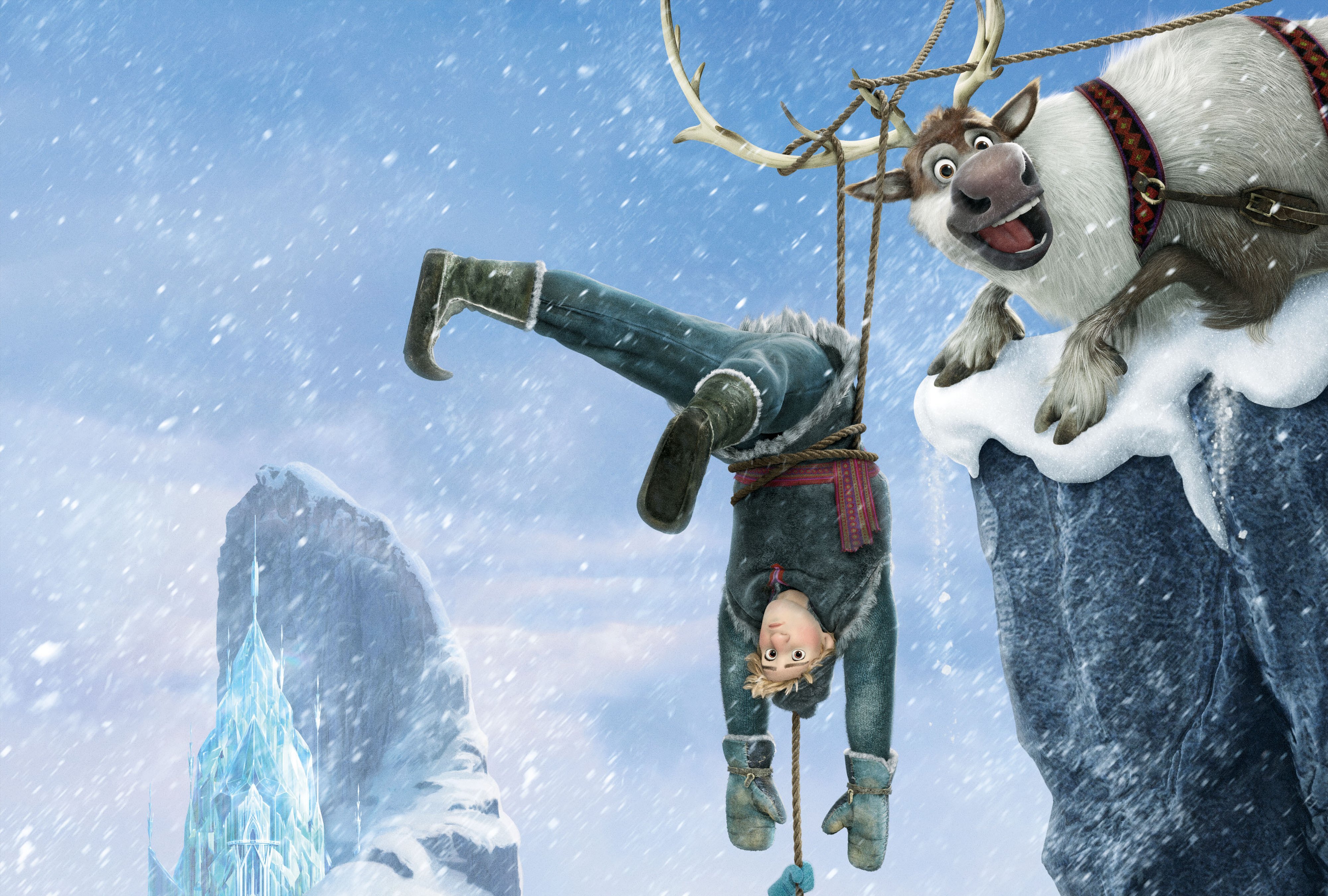 Kristoff and Sven in a snowy landscape HD Wallpaper