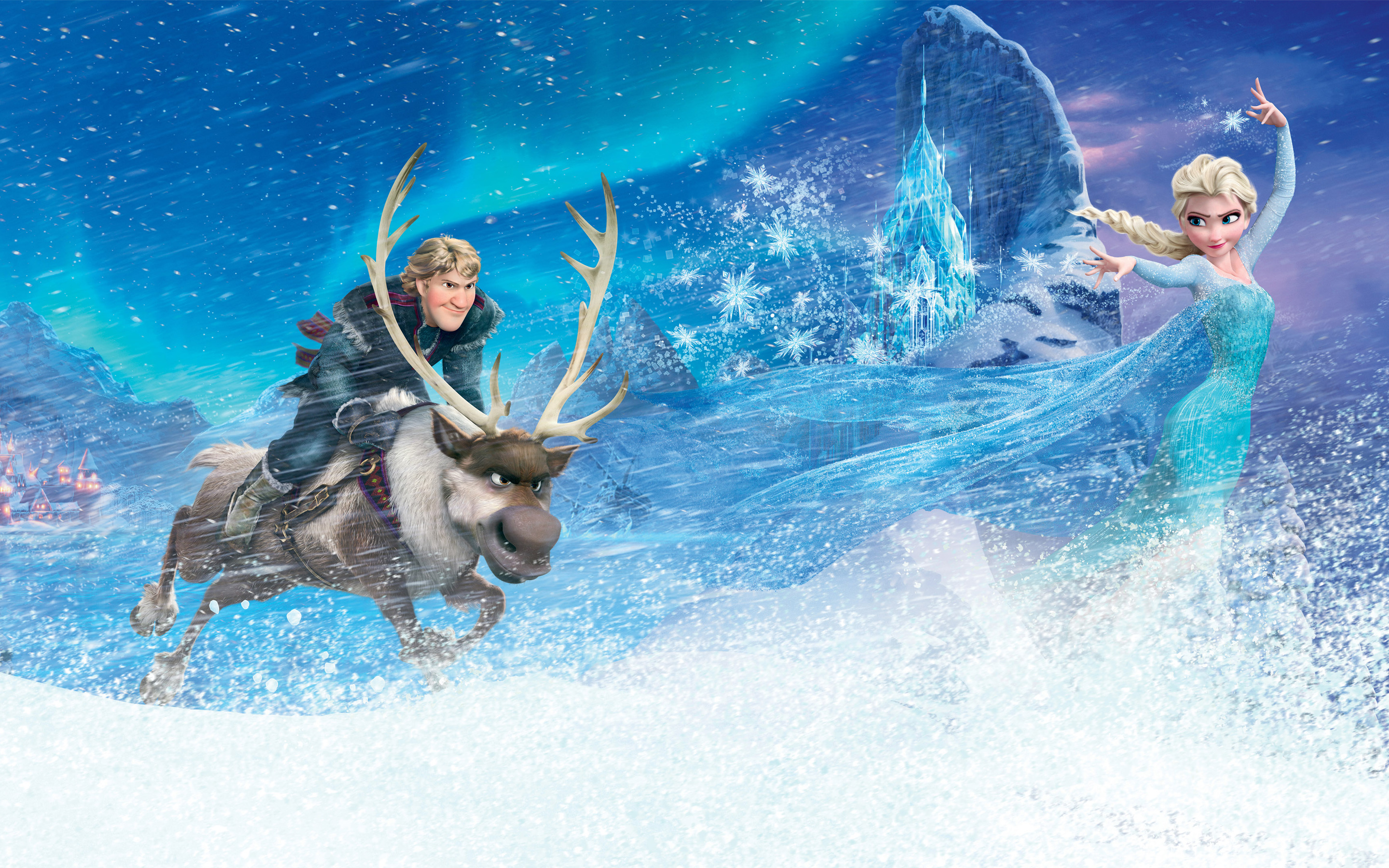 Kristoff and Sven from Frozen with Elsa and her ice castle HD Wallpaper