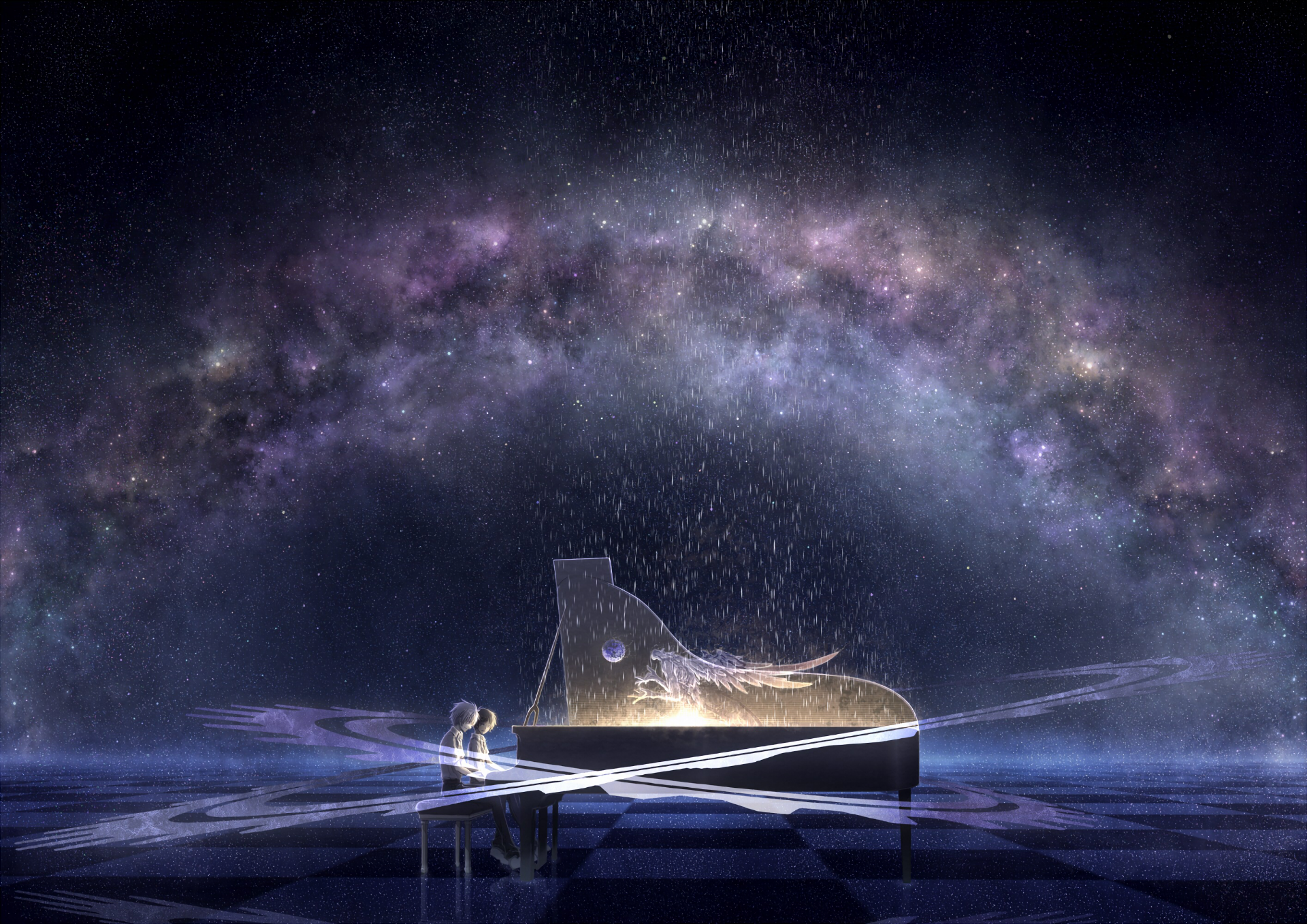 Shinji Ikari playing piano under the stars HD Wallpaper