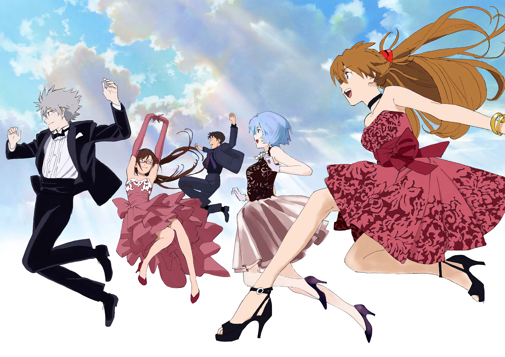 Characters from Neon Genesis Evangelion in formal wear jumping in the sky HD Wallpaper