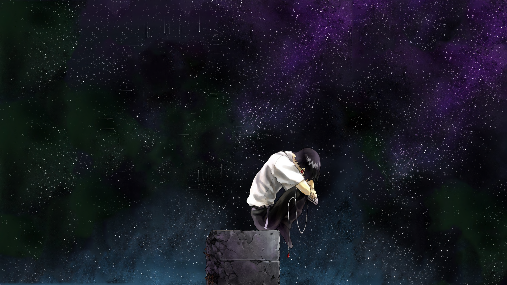 Shinji Ikari sitting on a stone block under a starry sky HD Wallpaper