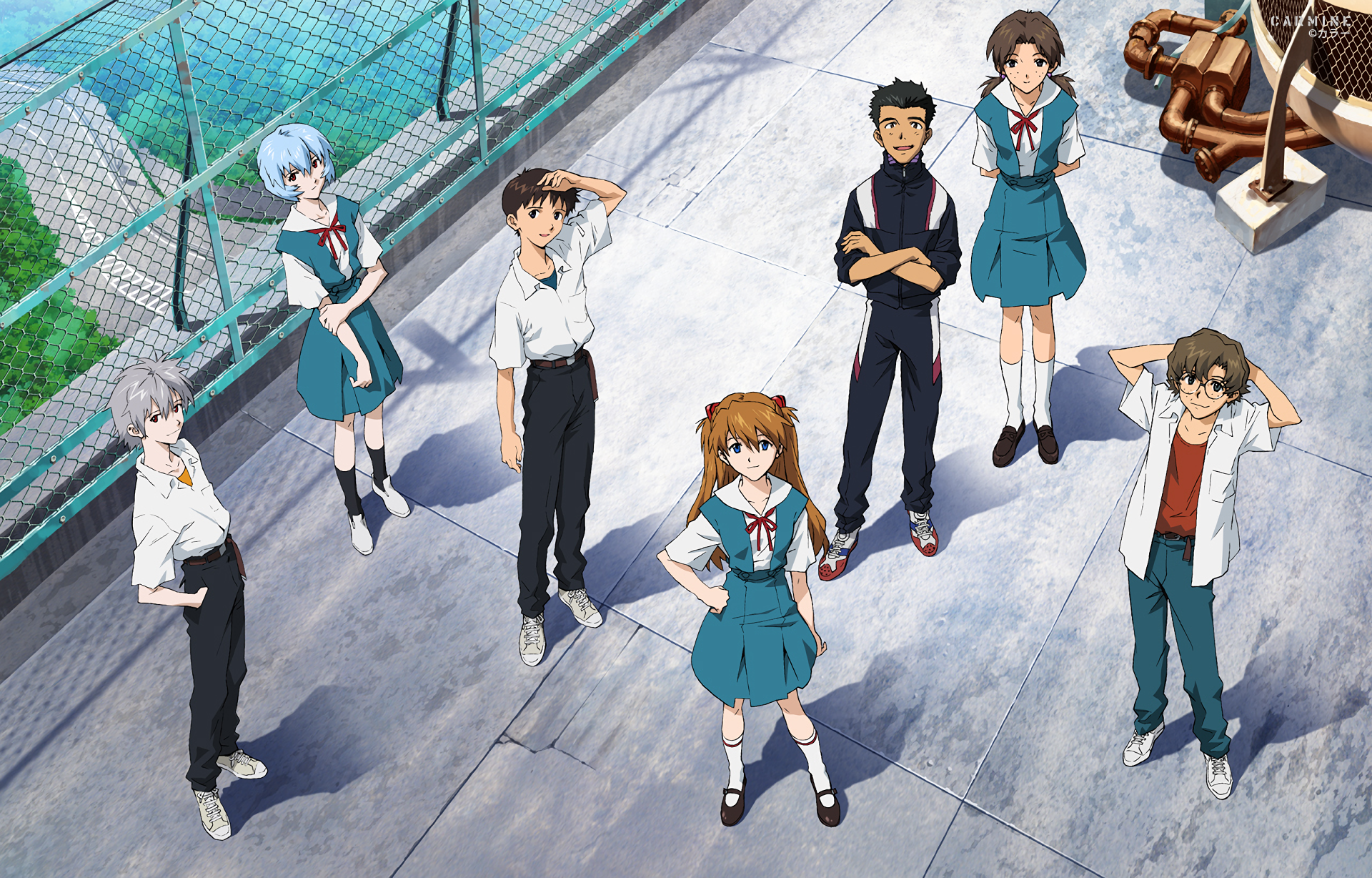 Evangelion characters standing on a rooftop HD Wallpaper