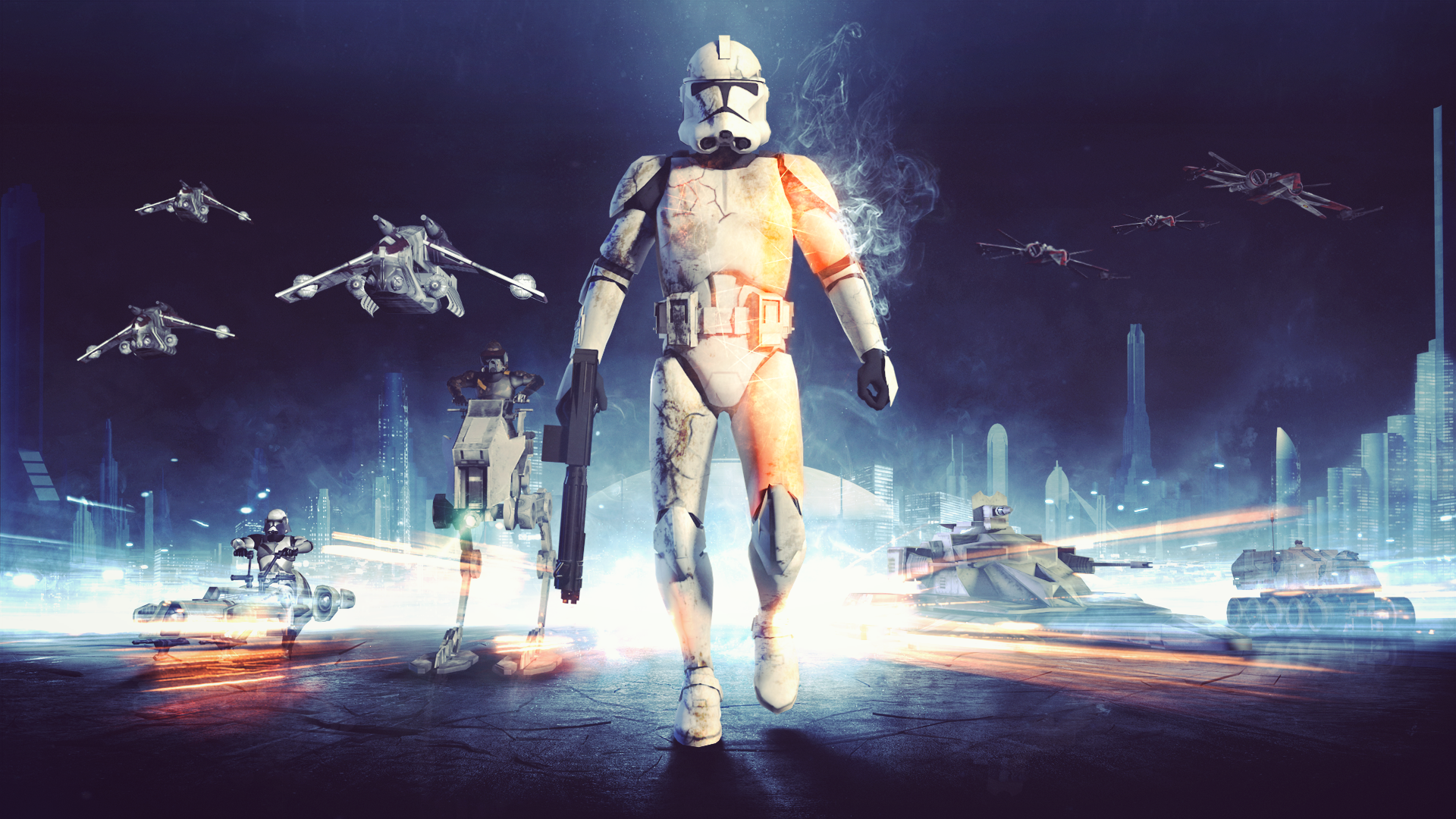 Clone Trooper in Battle with Star Wars Vehicles HD Wallpaper