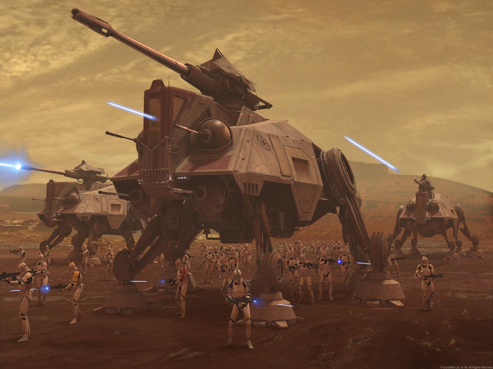 Clone Troopers and AT-TE walkers in battle HD Wallpaper