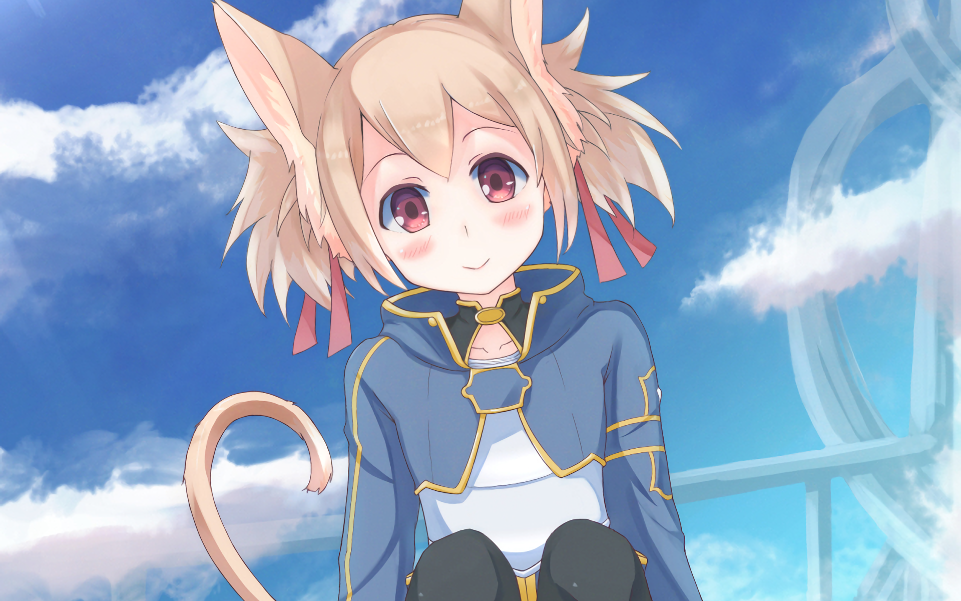 Neko Girl in Blue Jacket Under Sky HD Wallpaper