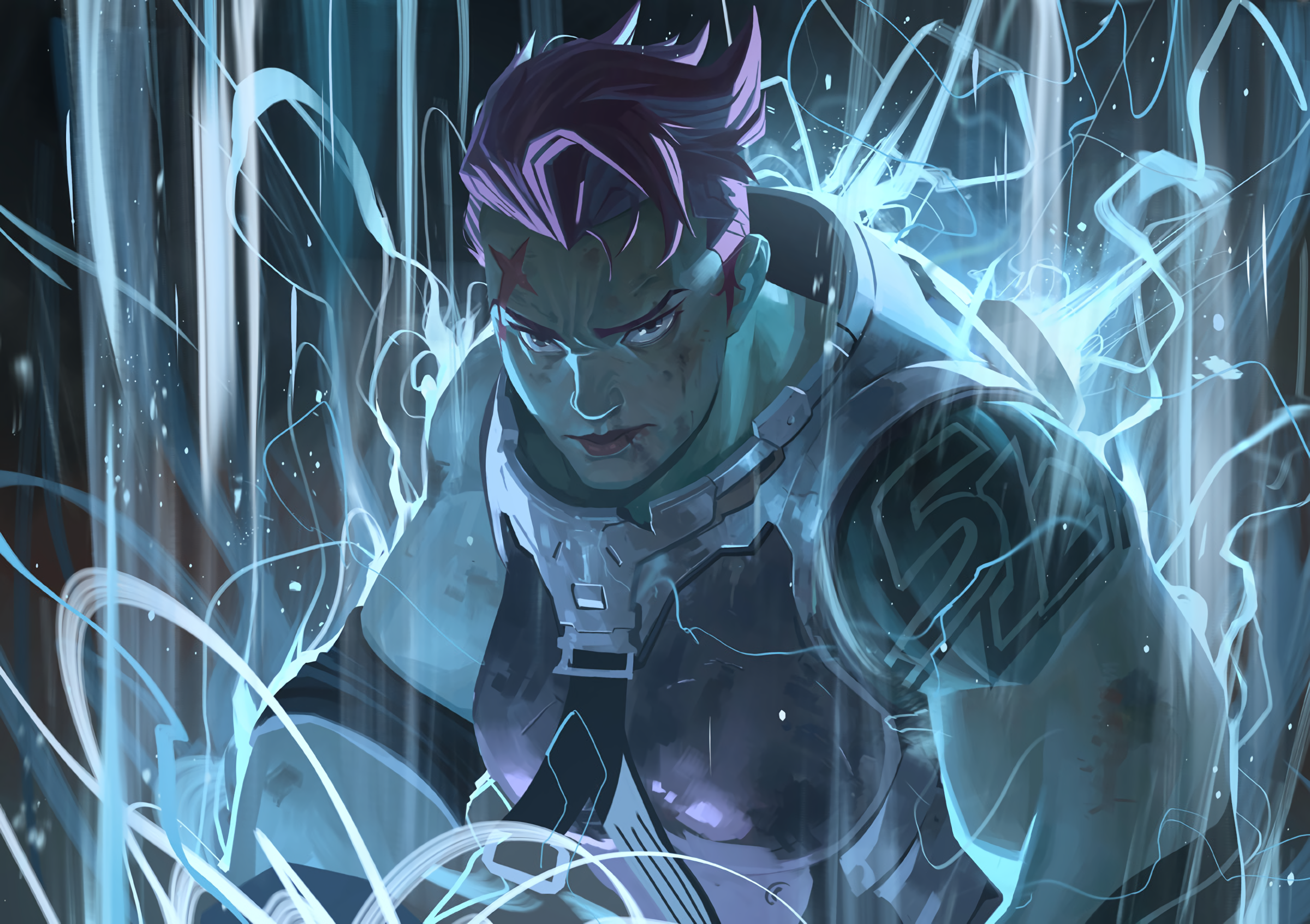 Zarya from Overwatch surrounded by blue energy HD Wallpaper