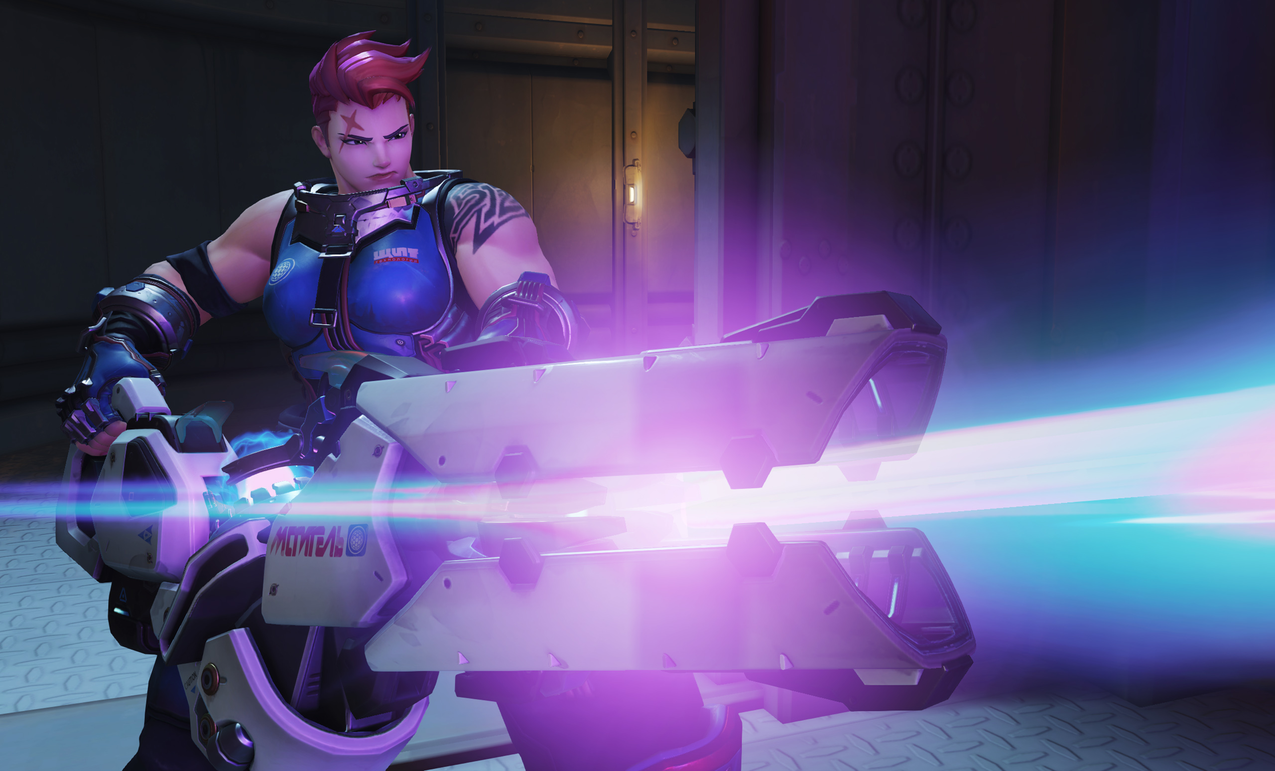 Zarya from Overwatch firing particle cannon HD Wallpaper