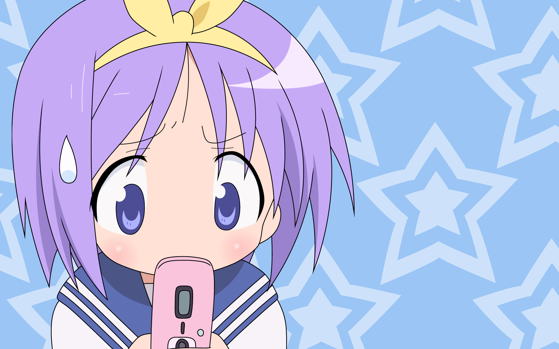 Tsukasa Hiiragi from Lucky Star holding a pink phone HD Wallpaper