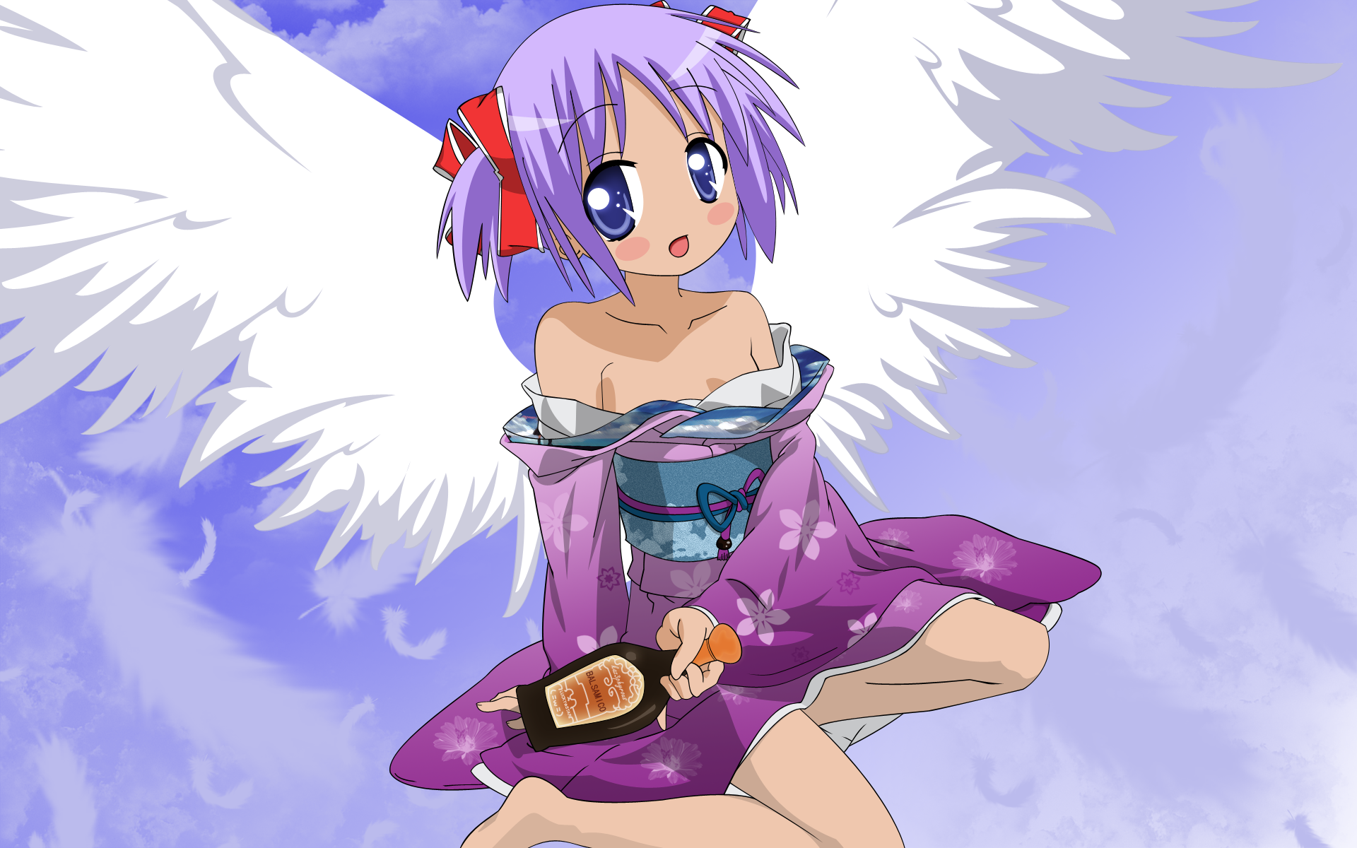 Tsukasa Hiiragi with Angel Wings and Bottle HD Wallpaper