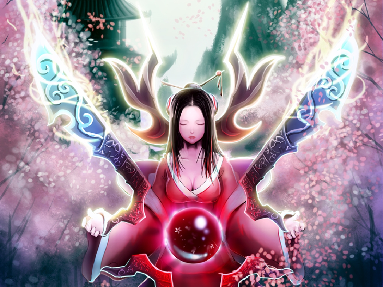 Irelia from League of Legends meditating with glowing blades HD Wallpaper
