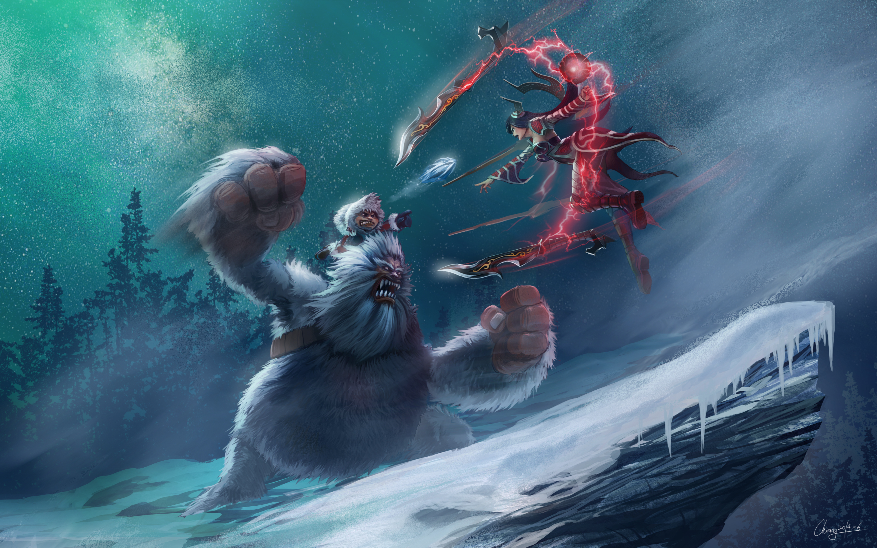 Irelia from League of Legends fighting a yeti HD Wallpaper